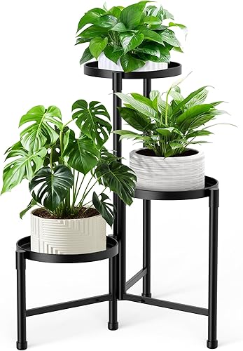 Soporte esquinero de 3 niveles para plantas para interiores y exteriores, estante de metal para plantas con bandeja de 10 pulgadas de ancho, soporte