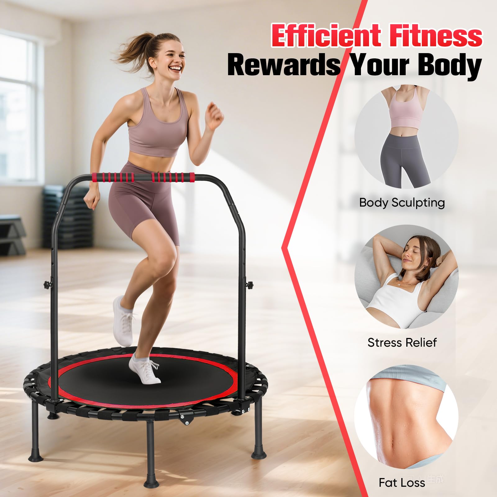 Trampolini da fitness, mini trampolino da 101 cm, capacità di carico 200 kg, trampolino elastico portatile per esercizi con maniglia in schiuma regolabile (Rosso)