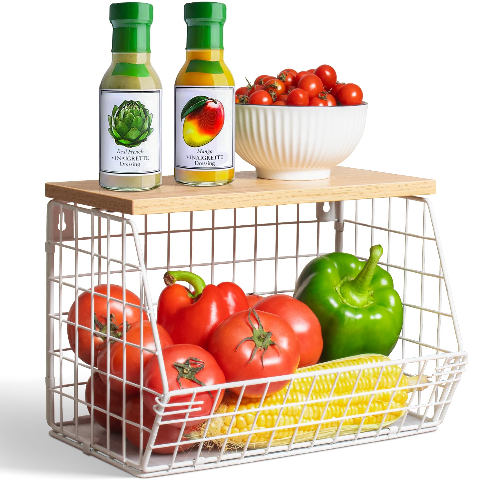 Wawocs Obstschale Obstkorb Etagere für Küchentheke Stapelbar Wandkorb hängend Drahtkörbe mit Holzdeckel mit 2 Bananenaufhänger Haken, Bananenkorbkorb, Obst Aufbewahrung und Gemüse,Weiß