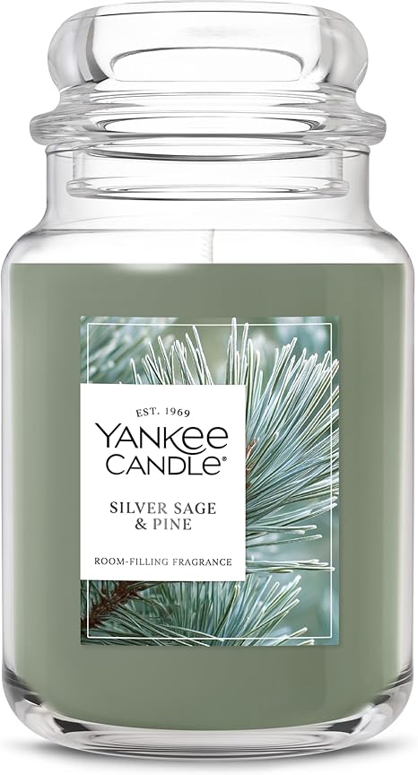 Yankee Candle Large Jar Scented Candle with up to 150 Hour Burn Time, Premium Plant Wax Blend for Consistent Burn, 22 oz Jar Candle with Room Filling Fragrance, Silver Sage & Pine
