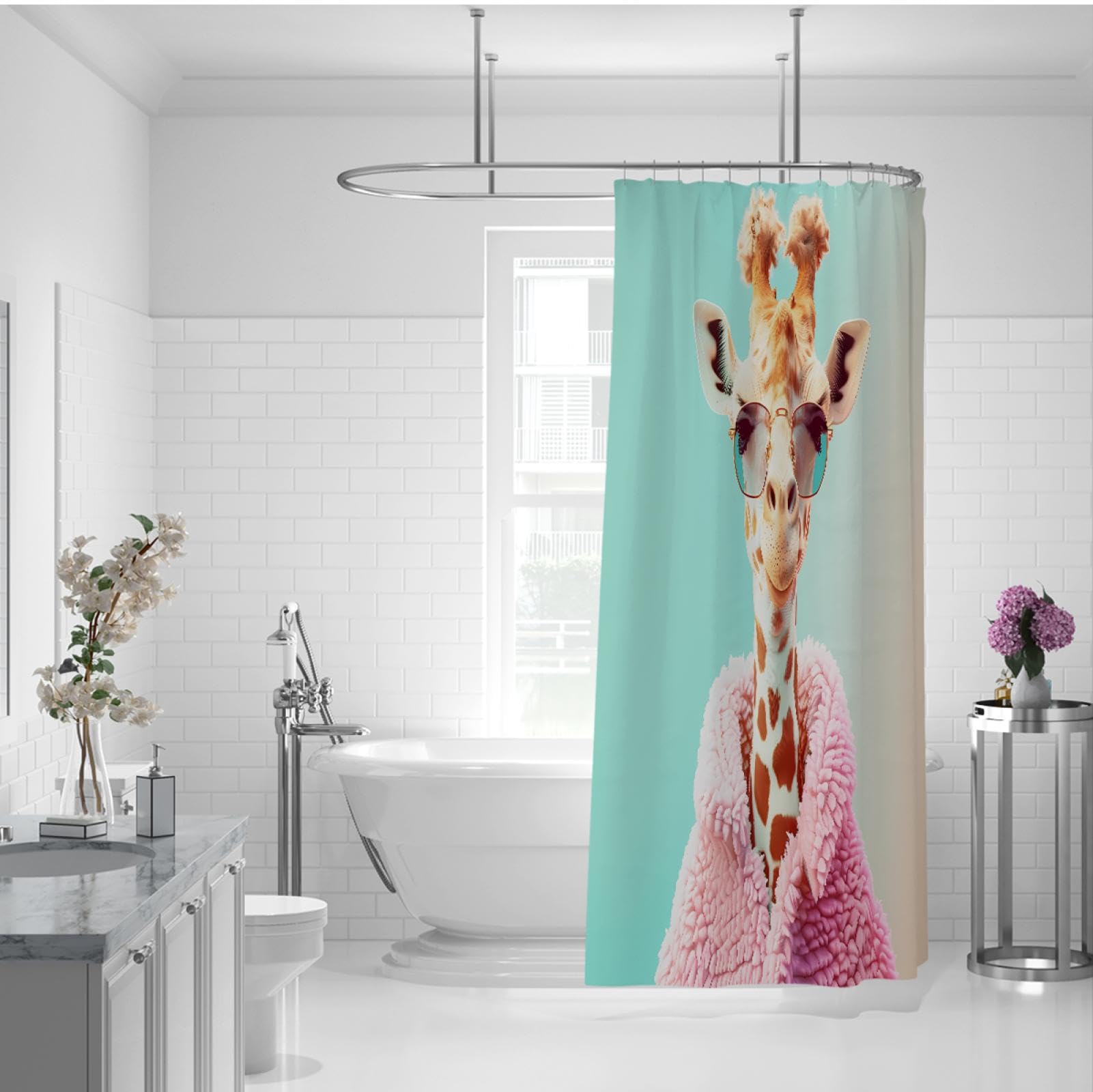 Duschvorhang Mit Giraffenpaar & Rosen - Wasserdicht, 183x183-213 Cm, Romantisches Design Für Badezimmer