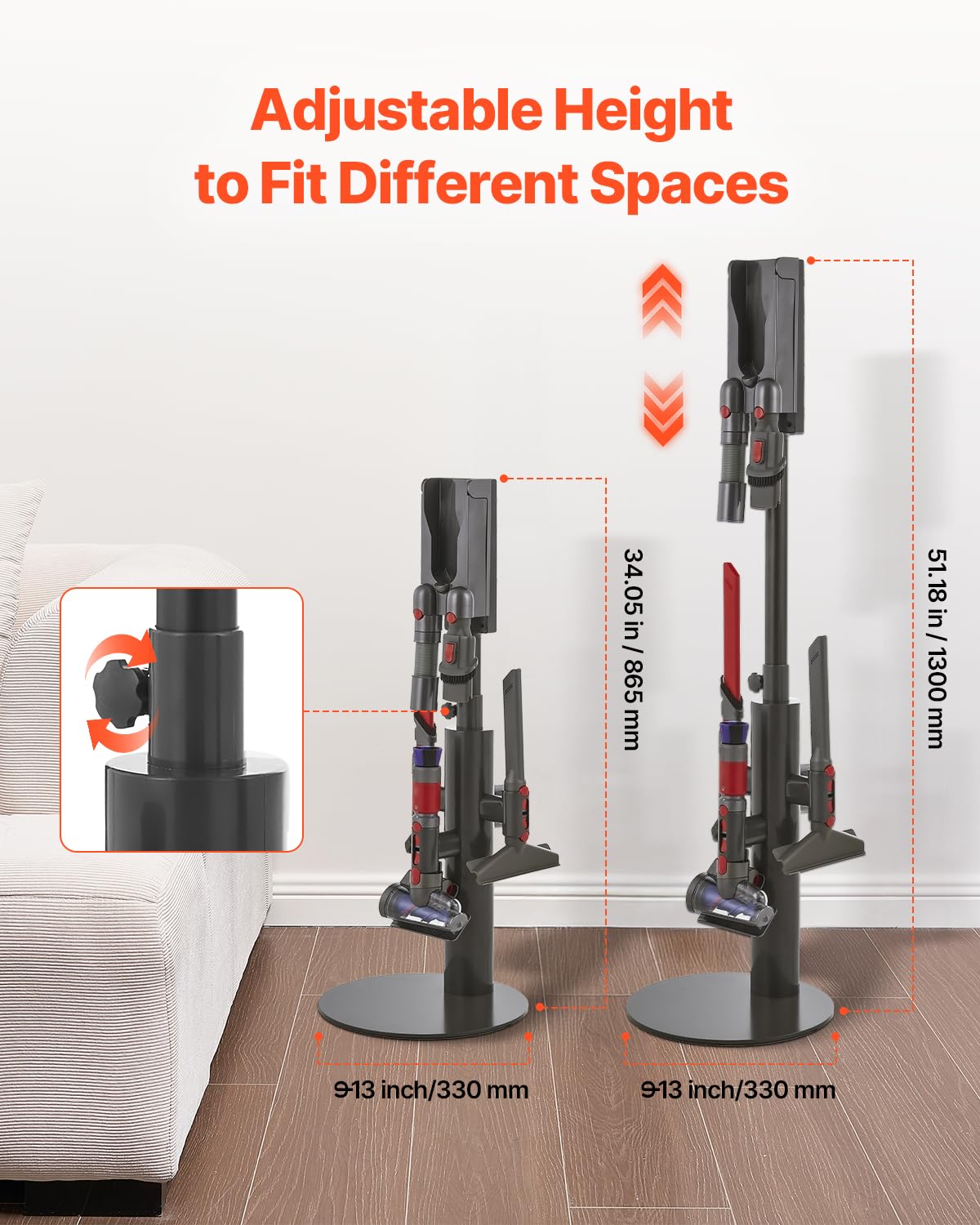 VEVOR Support d'Aspirateur pour Dyson V7, V8, V10, V11, V12, V15, SV10, SV12, SV14, SV18, SV21, Porte-aspirateur Vertical Stable avec 3 Clips et Hauteur Réglable 865-1300 mm pour Espaces Restreints