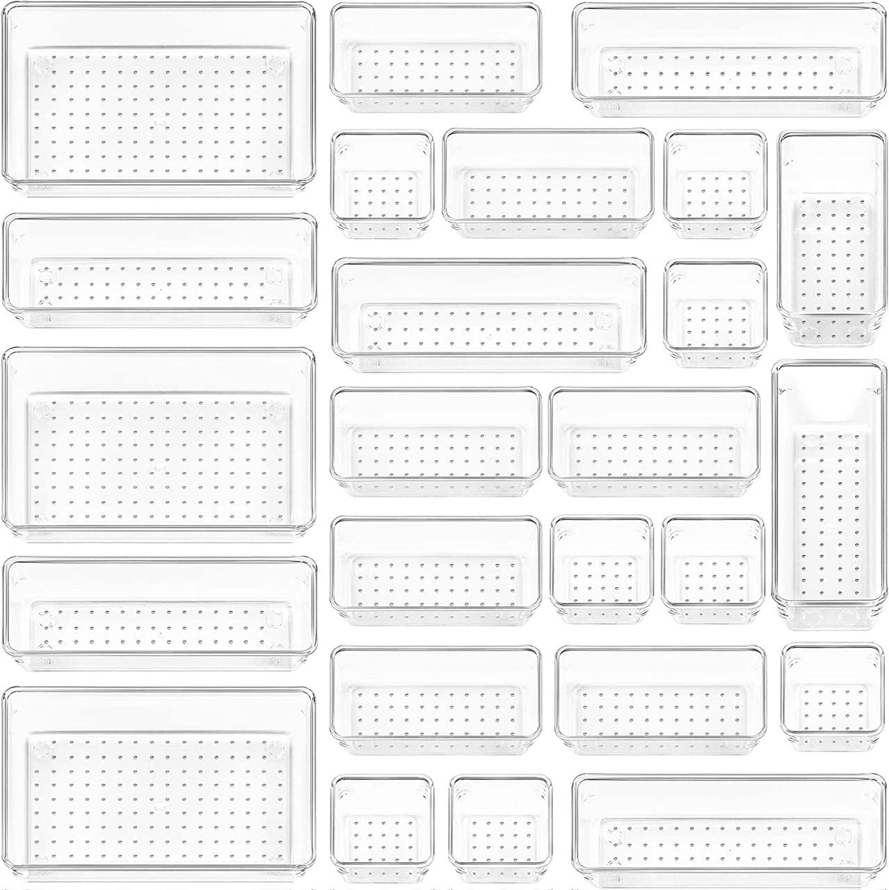 STORESLA™ 25pcs Clear Plastic Drawer Organizers Tray for Makeup Storage, 4-Size Versatile Bathroom & Vanity Drawer Organizer Divider Tray for Kitchen, Bathroom, Utensils & Office