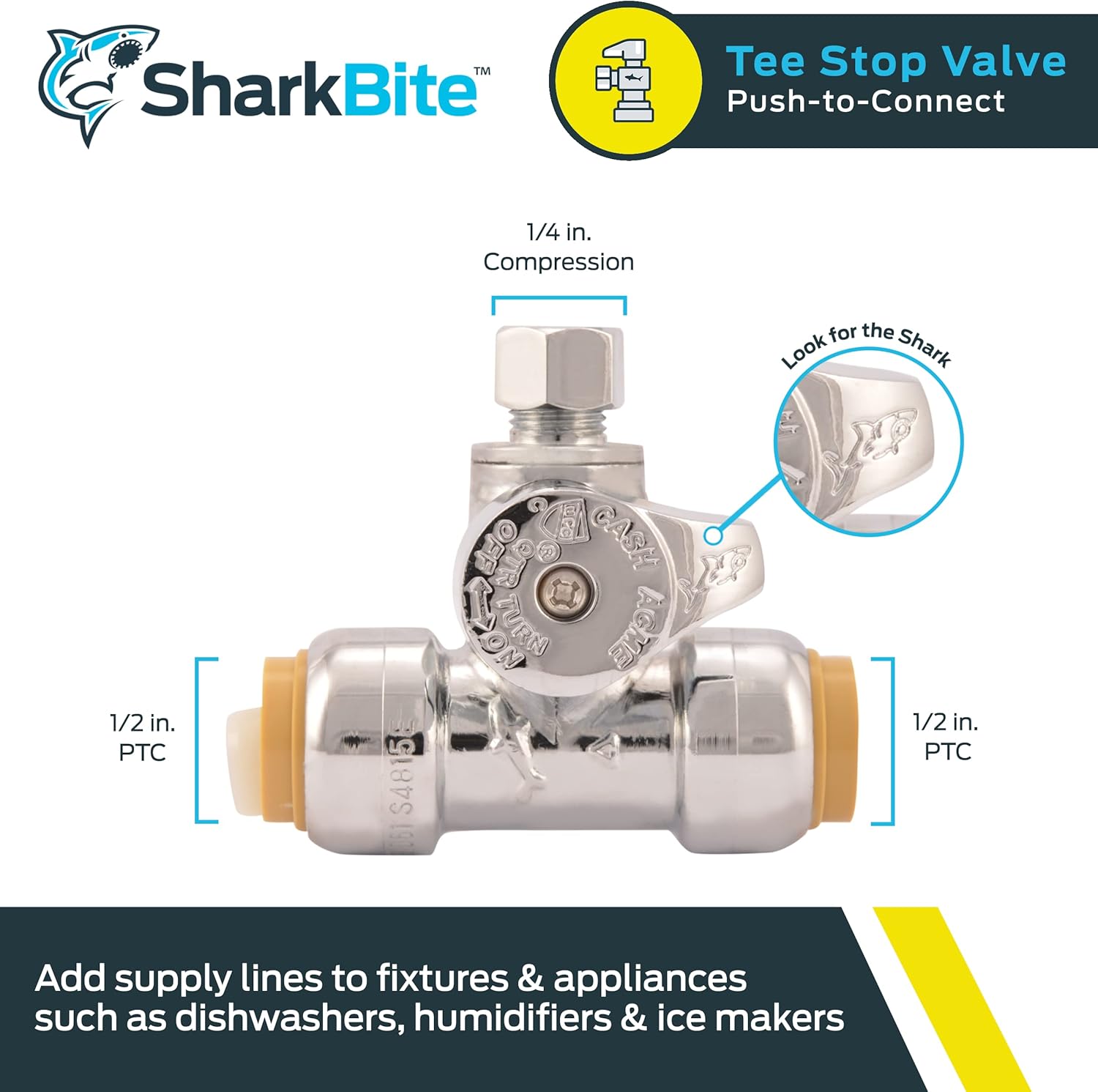 SharkBite 1/2 x 1/2 x 1/4 Inch Compression Tee Stop Valve, Push to Connect Brass Plumbing Fitting, PEX Pipe, Copper, CPVC, PE-RT, HDPE, 24983A