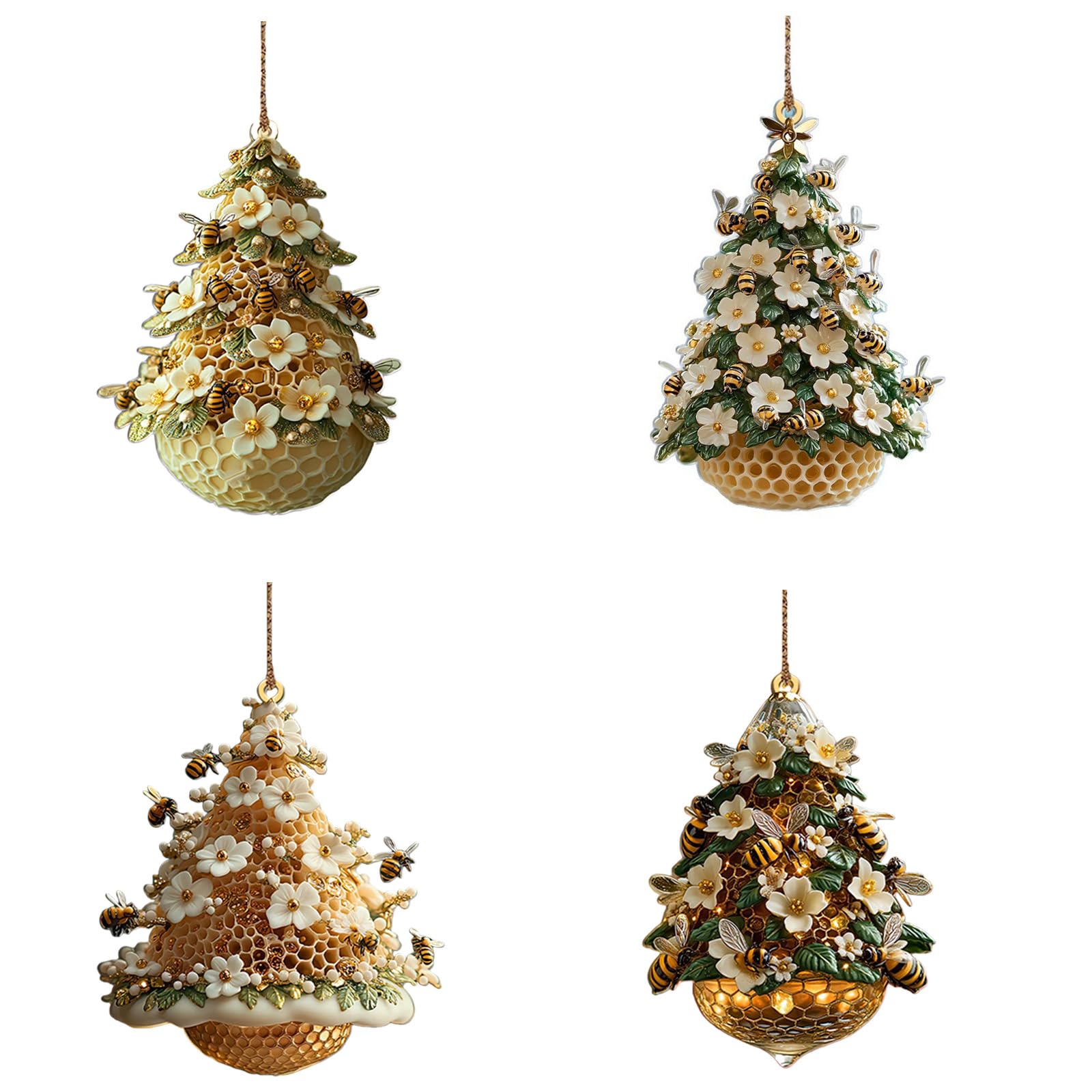 Kalttoy Bees Honeycombed Christmas Tree Shape 2D Acrylic Pendant Charm for Holiday Parties Decoration Indoor Hanging Craft Honeycombed Christmas Tree Acrylic Ornament