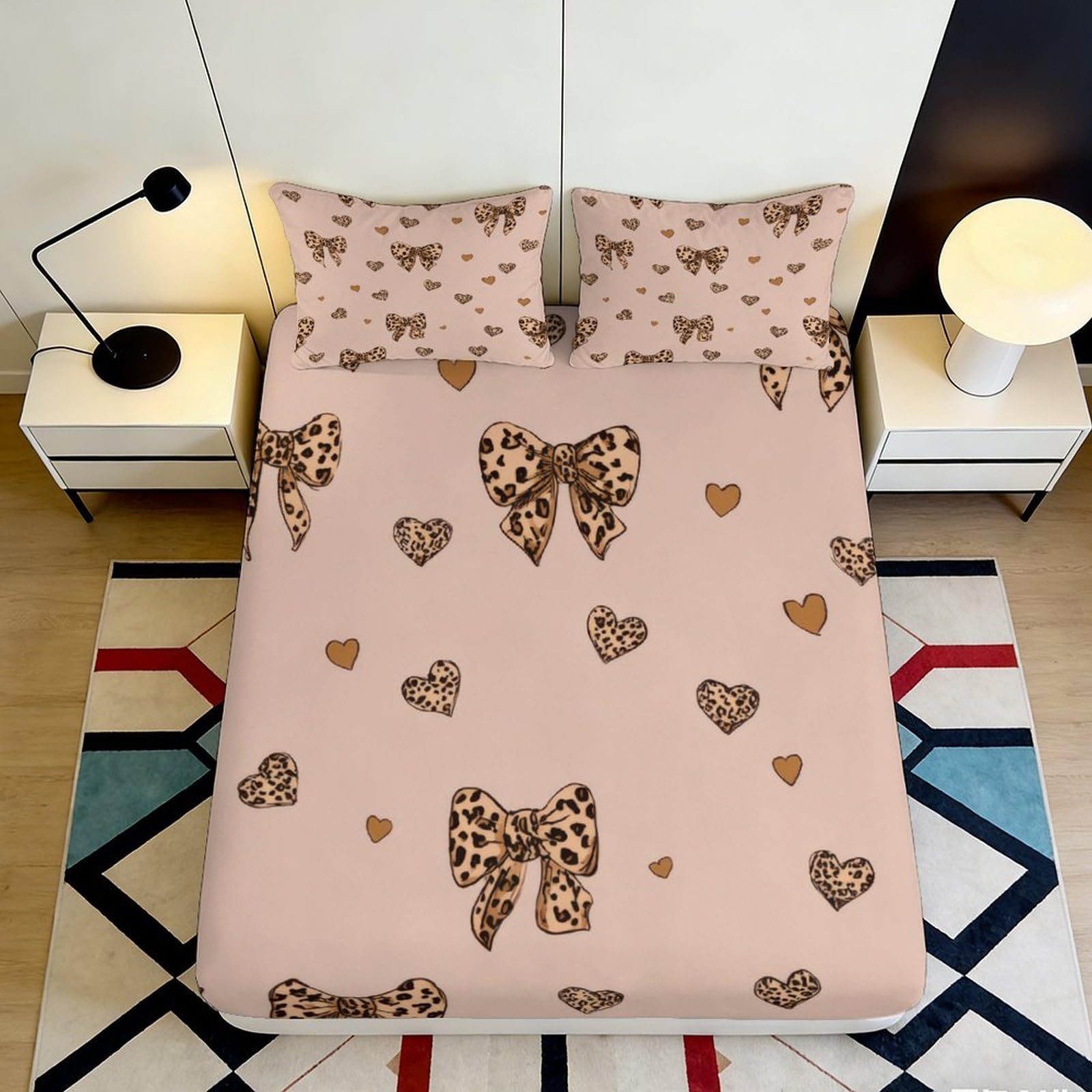 3D Printed Leopard Bow Pattern Fitted Sheet Microfiber Soft Durable Heart Design Bed Cover for Bedroom Dormitory Guest Room Mattress Protection 200x200x25cm