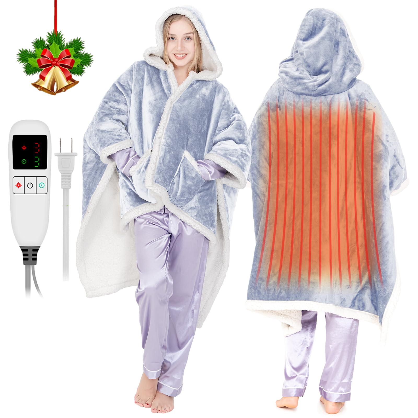 Heated Shawl Wrap Electric Snuggle Throw Wearable Heated Throw Blanket for Women Heated Poncho with Sleeves Flannel&Sherpa Electric Robe Heated Throw Hoodie Blanket with 9 Temp 51"x63"