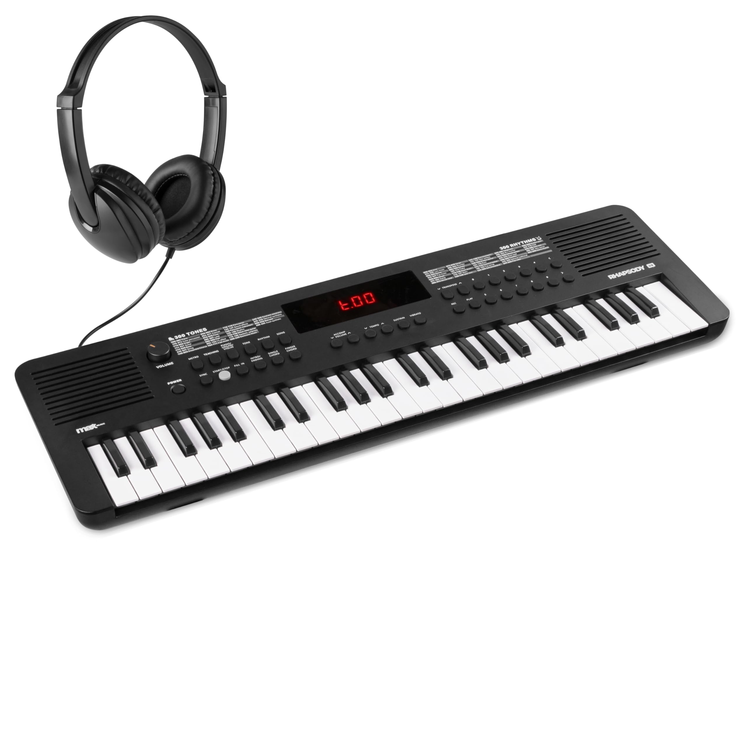 MAX Rhapsody49 - Piano eléctrico de 49 teclas para principiantes con función de aprendizaje, teclado con altavoz, pantalla LED, 80 canciones de demo, 300 de sonido y ritmos, USB-C, Midi y auriculares