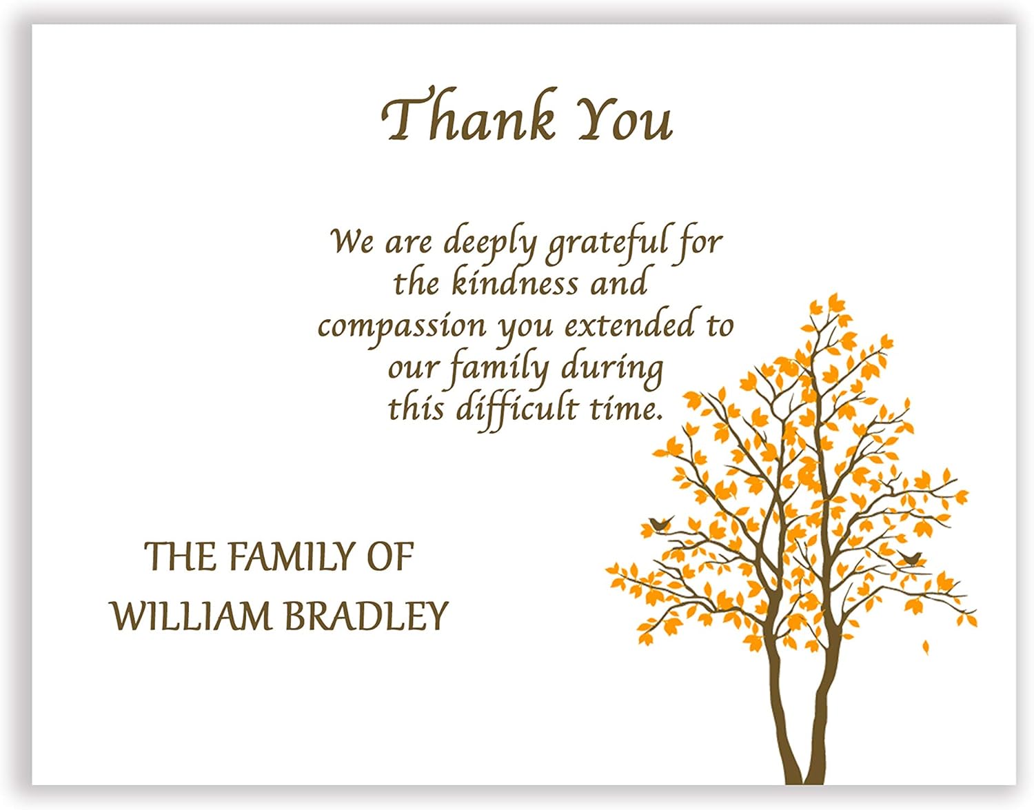 Sympathy Acknowledgement Cards, Tree and Birds Funeral Thank You and Bereavement Notes Personalized