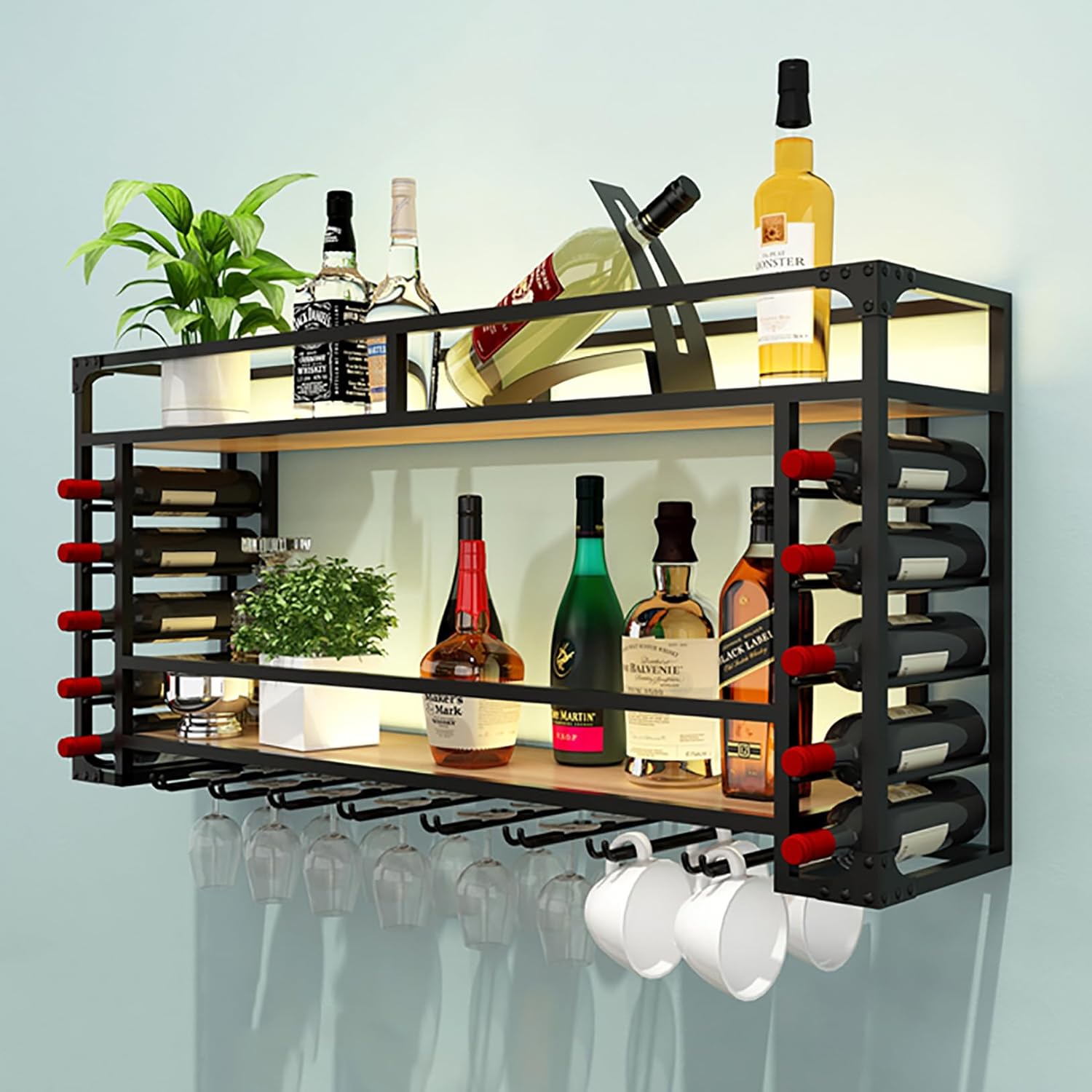 Industrial Metal Wall Mounted Wine Rack with Glass Holder Large Capacity Storage for Wine Bottles and Glasses Hanging Wine Rack for Home Decor Black 31.5×21.6×10in