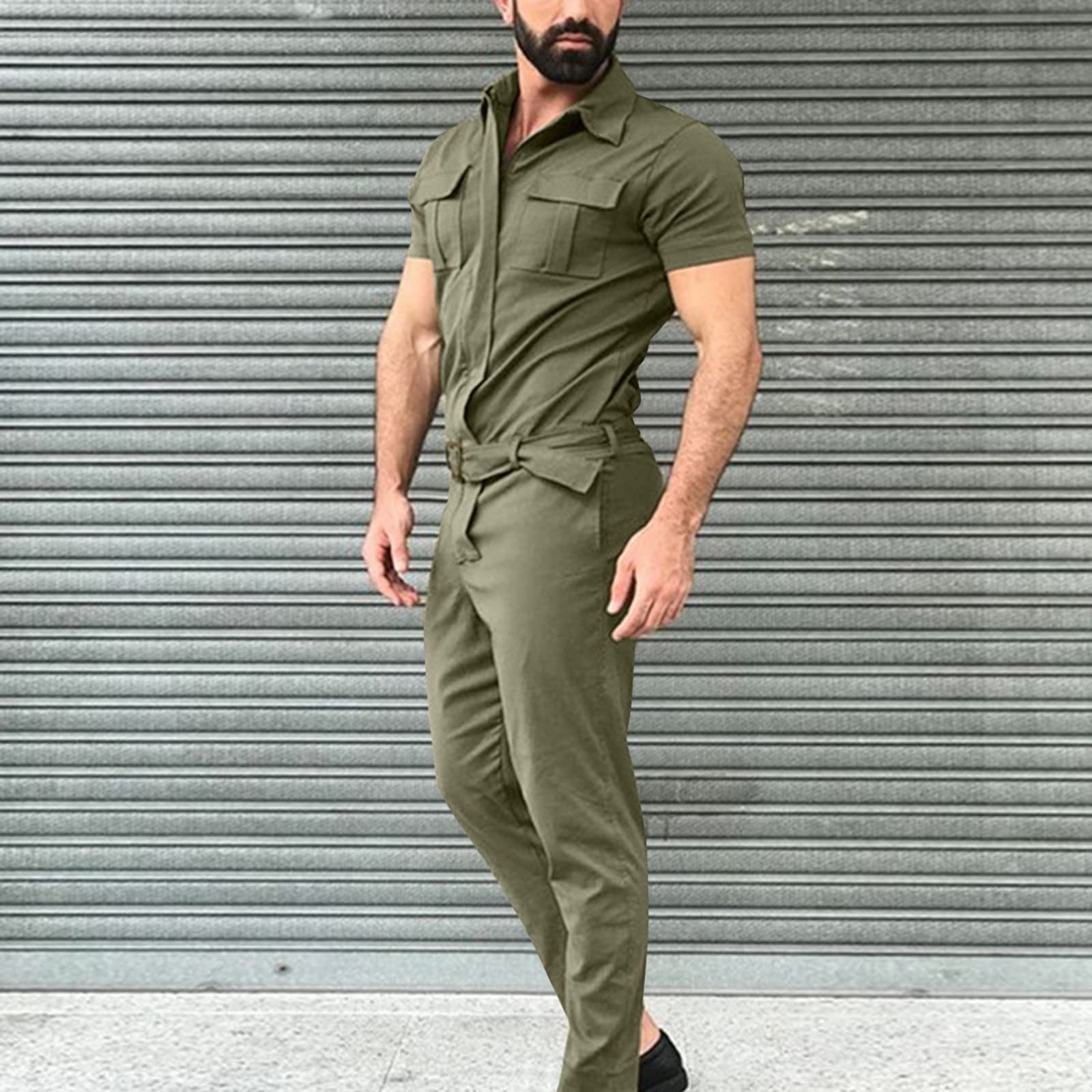 Combinaison pour homme - En coton - Grande taille - Longue - Avec revers - Manches courtes - Avec taille haute - Combinaison à une rangée - Pour le sport - Pantalon de travail