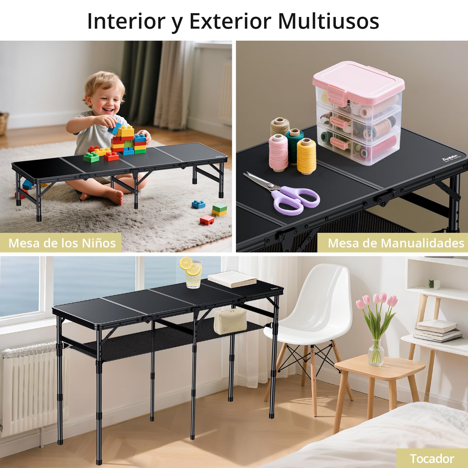 Anbte Mesa Plegable Camping 116 x 40 x 26/48/70cm Ajustable Altura Negro | con Red de Almacenamiento Mesas de Acampad Portátil Mesa Playa Aluminio Impermeable Negro para Terraza Playa Exterior BBQ