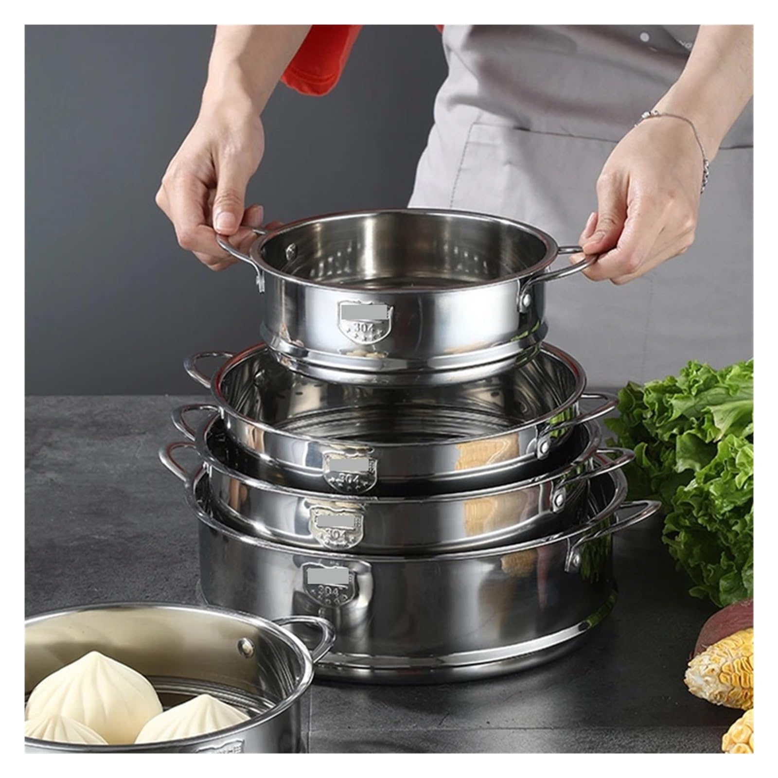 Vaporiera in acciaio inossidabile 304 for gnocchi con doppia griglia for la cottura a vapore, cestello di scolo for pentola for riso, utensili da cucina per pasti quotidiani in famiglia Zuppe(24cm)