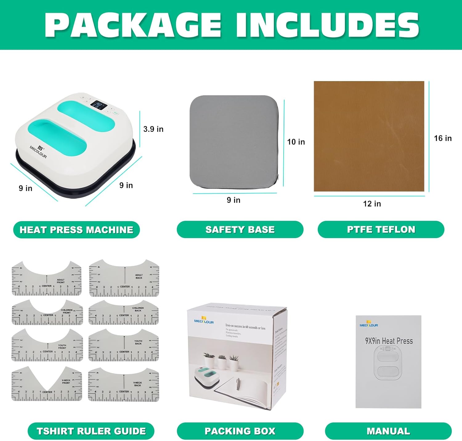 MECOLOUR Heat Press Machine for T Shirts, Portable Heat Press 9"X9" with Heat Press Mat, PTFE Teflon and 8 Pcs Tshirt Ruler Guide, Tshirt Press Machine for Sublimation, HTV, Heat Transfer 110V(Green)