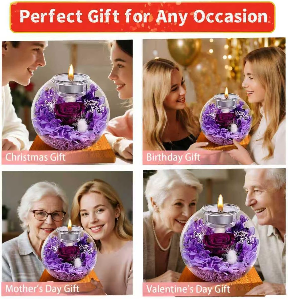 Preserved Roses with Necklace, Long-Lasting Real Flowers in Glass Dome, I Love You Gifts for Her, Wife, Girlfriend with Scented Candles for Valentine‘s, Thanksgiving & Christmas (Violet Rose) - Image 7