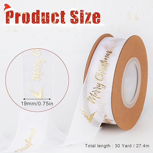 Miniatura 2 de Cinta de Feliz Navidad, 30 yardas, cinta de envoltura de regalo, estilo bronceado, cinta con alambre de Navidad, cintas decorativas de Navidad para