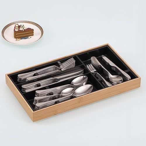 Organizador de cajones de cubiertos, organizador de utensilios de bambú natural de silicona con 4 ranuras para encimera de cajones de cocina,