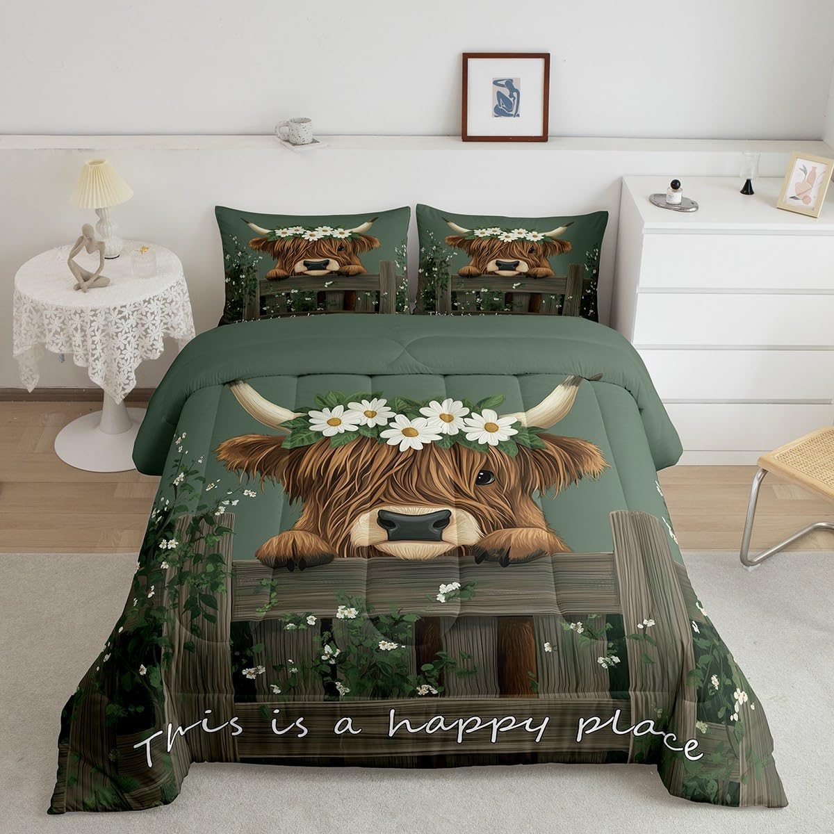 Erosebridal Farmhouse Highland Cow King Bedding Sets for Boys Kids Toddler Rustic Funny Animal Comforter, Cute Brown Cattle Cow Duvet Insert Floral Flowers Decorations Bed Set 3 Pieces