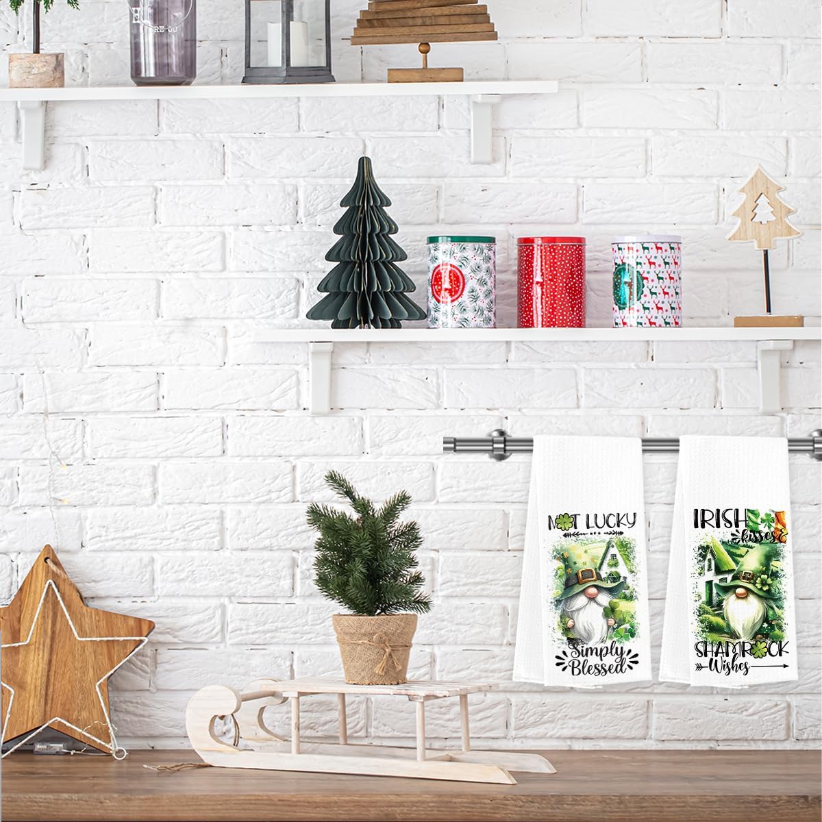 2Pcs St Patricks Day Gnome Kitchen Towels Green Shamrock Irish Blessed St Patricks Day Seasonal Waffle Weave Hand Tea Dish Towels Spring Decorations for Farmhouse Home Kitchen Bathroom 14 x 23 Inches - Image 3