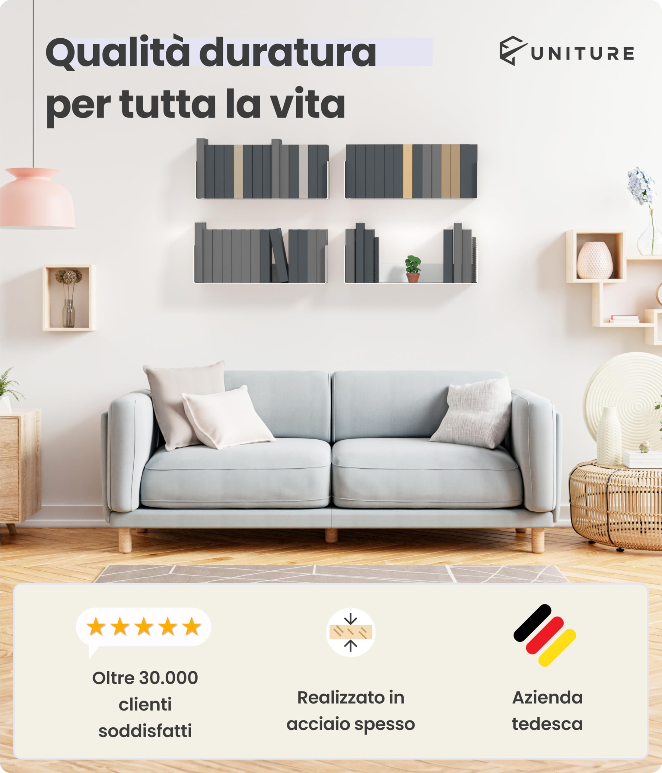 UNITURE® - Set di 2 mensole da Parete Bianche – Moderno Design da Parete – 2 x 40 cm libreria sospesa, Listello Bianco – Mensola Bianca – Mensola da Parete Bianca