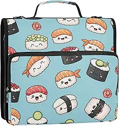 3 fichários rosa com 3 anéis de 3 anéis em D fofo azul sushi organizador de fichário portfólio e estojo para pasta de anel bolsa de fichário para ensino médio com alça, 34,5 x 31,5 x 9 cm