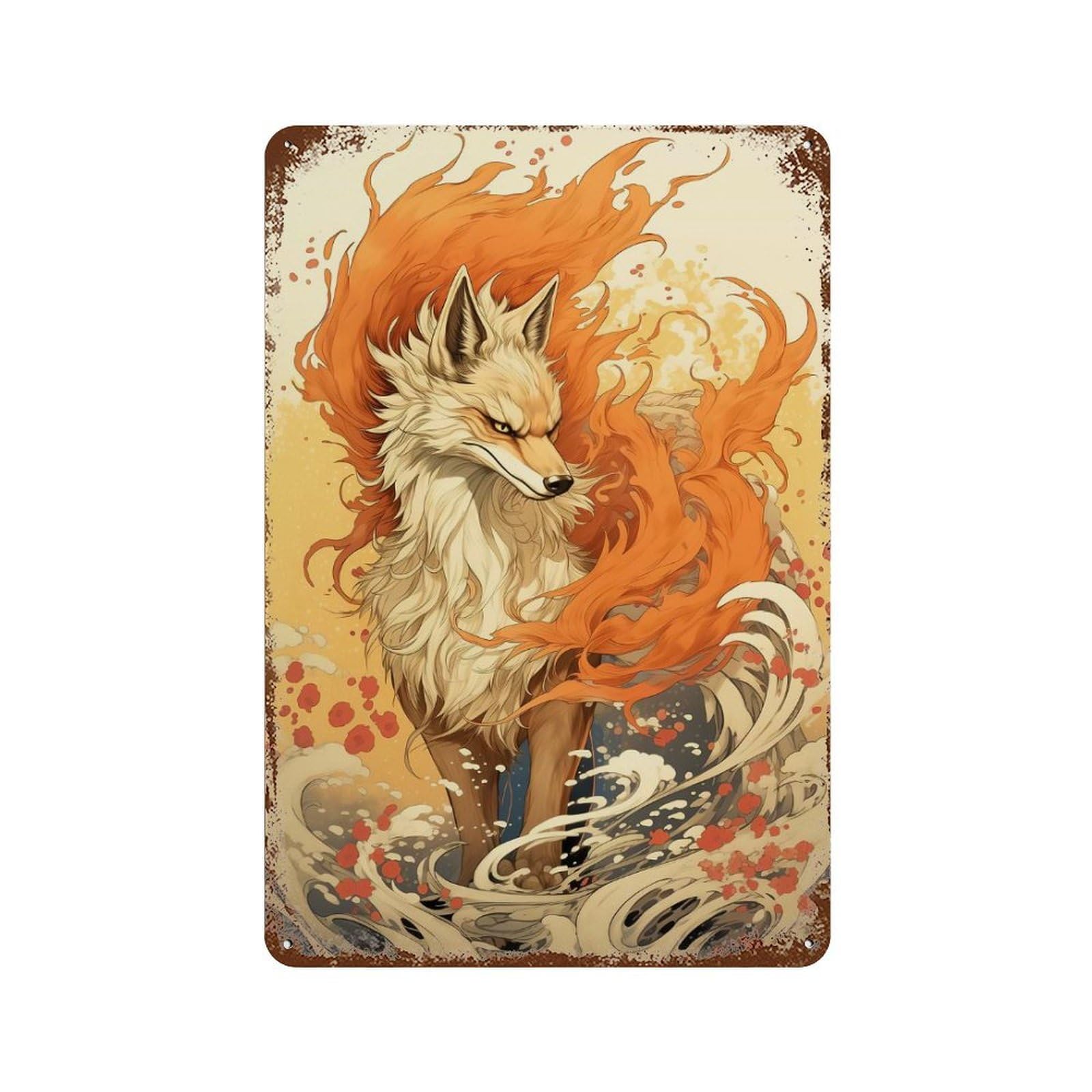 Garage Style Dance of The Kitsune Fox Distressed Metal Wall Sign 11.8"x7.9", Rustic Home Decor for Bar And Workshop