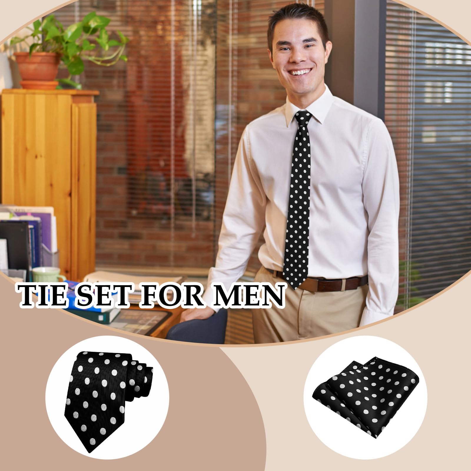 Corbatas para hombre, corbatas de lunares para hombre, corbatas y bolsillo cuadrado para boda, fiesta de negocios, negro blanco gran punto 5