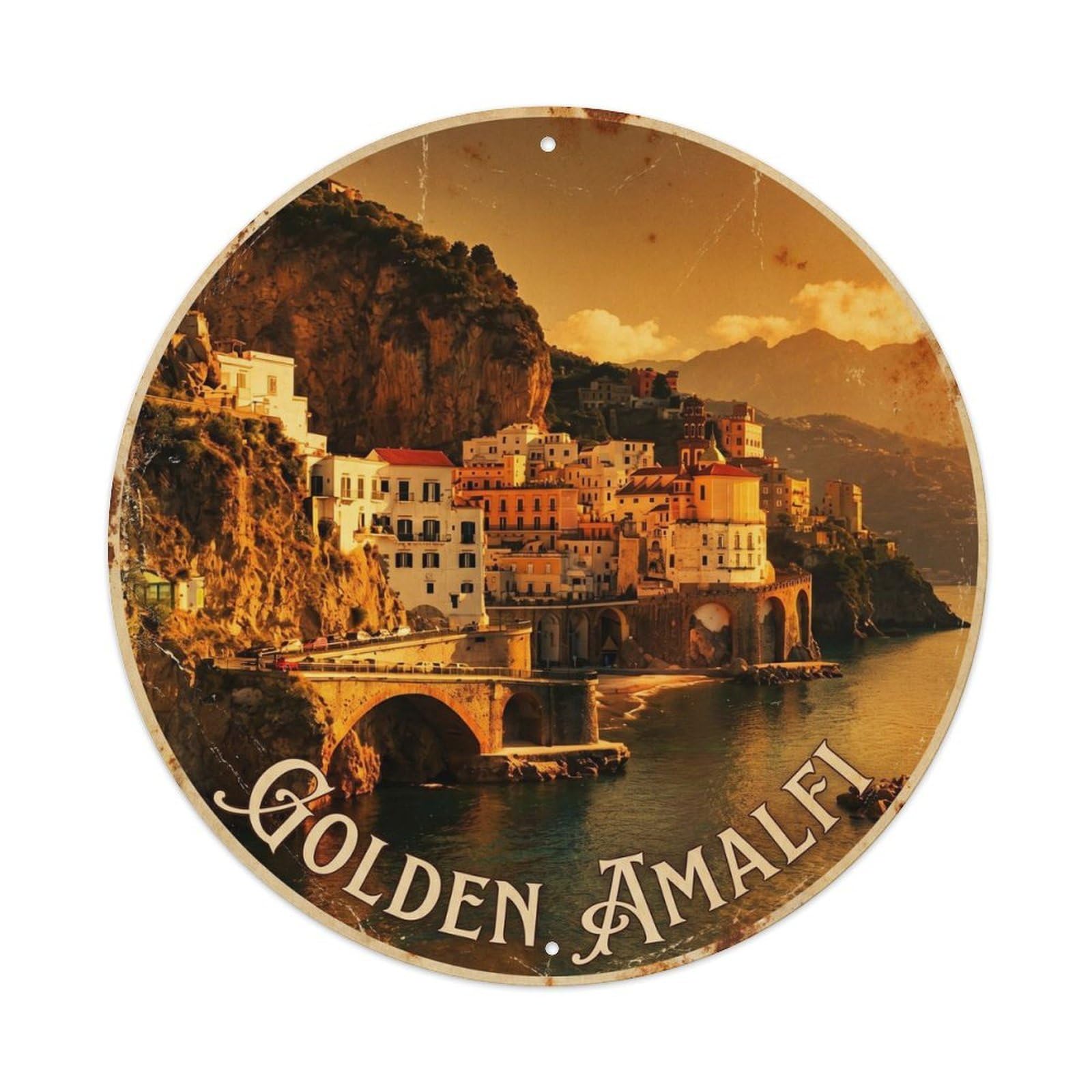 Retro Amalfi Sunset Golden Coastal Village Panorama Landscape Metal Tin Sign Plaque Wall Decor for Cafe, Man Cave, Club Bar, Office, Home Garden Round Metal Poster 8x8Inch