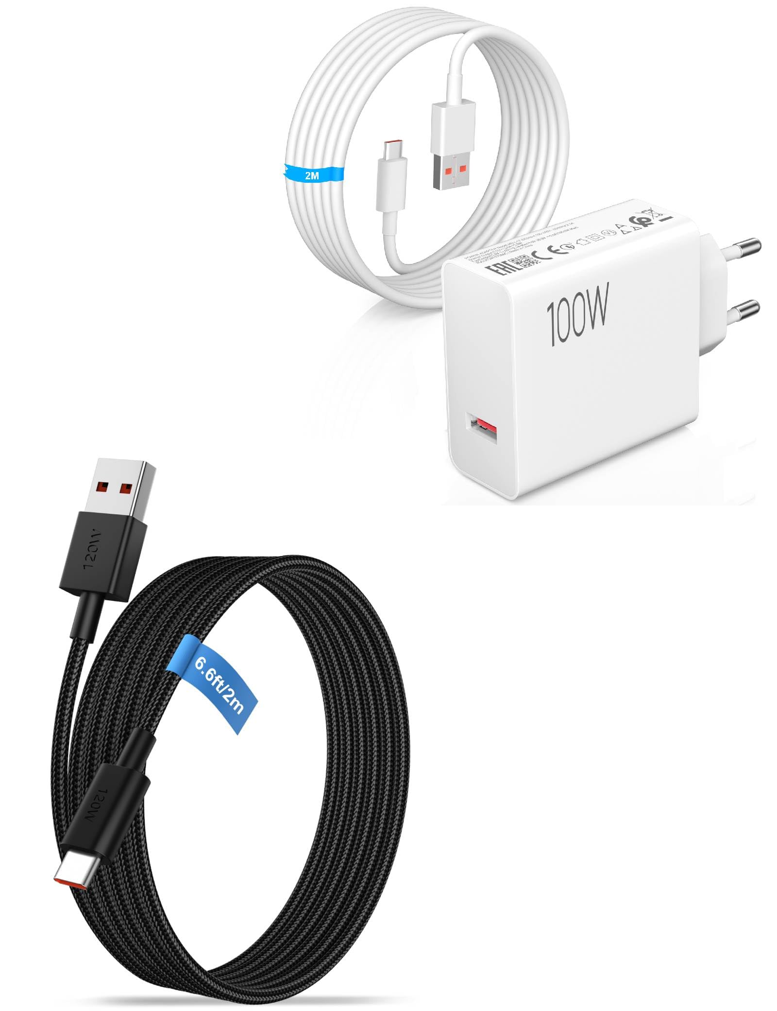 ACOCOBUY 120W 2m Tressé Câble USB A vers USB C Noir pour Xiaomi Redmi Note 15 Pro + 100W Chargeur Rapide et 2m Câble USB C pour XiaoMi 17/POCO X8 Pro Max