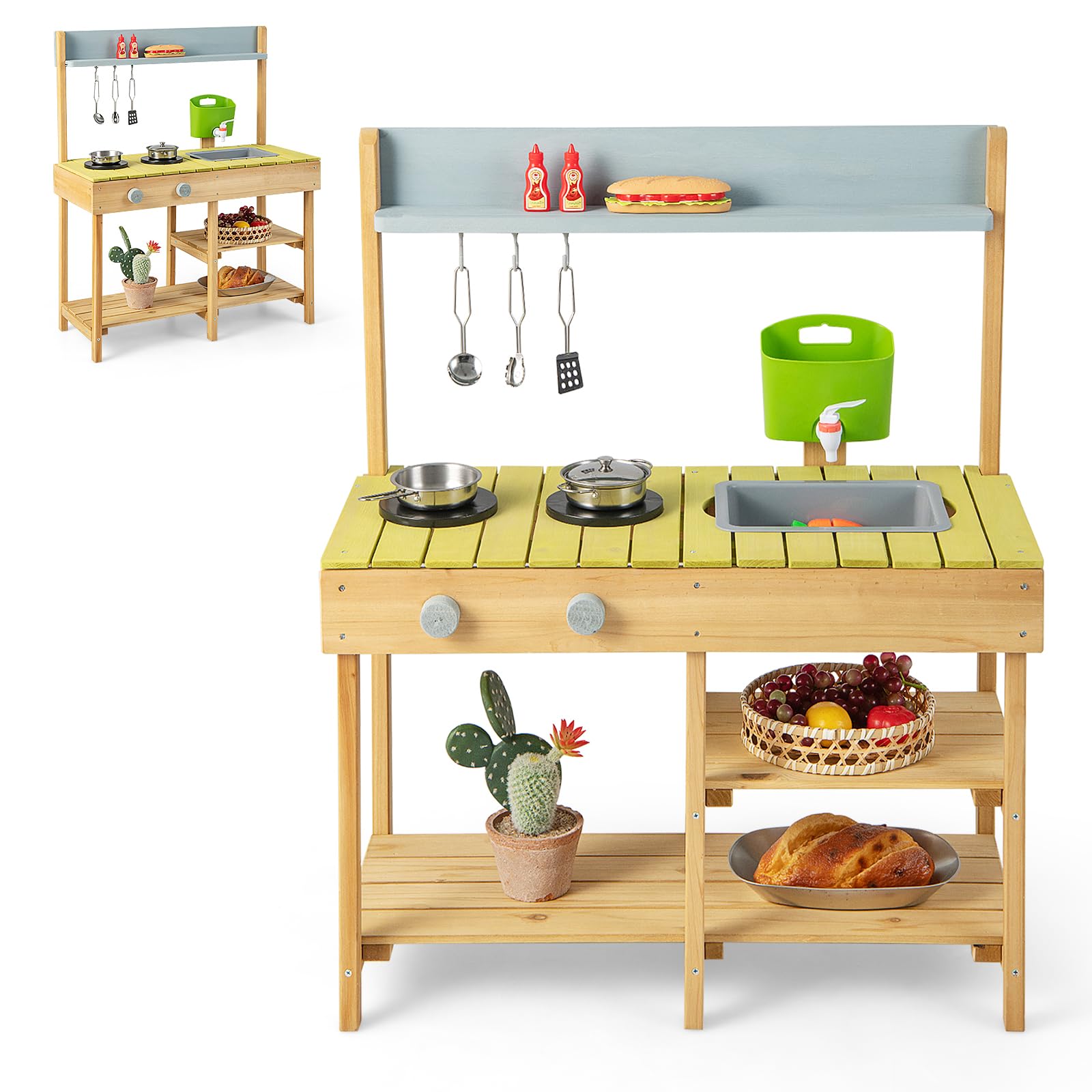 HOMASIS Cocina Infantil de Barro, Cocina Juguete con dispensador de Agua, Fregadero, Cocina de Juegos de Madera con Sonido, 3 Ganchos y estantes, para Exterior, niños de 3+ años, 75x35x92cm (Natural)