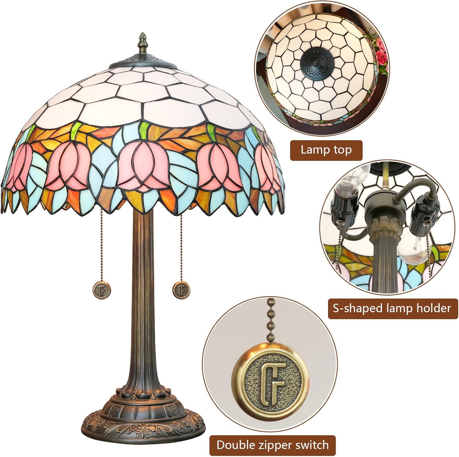 Tiffany Table Lamp 16 inch Pink Tulip Tiffany Style Stained Glass Lamp for Living Room Dining Room Antique Bedside Light Decor for Home Office