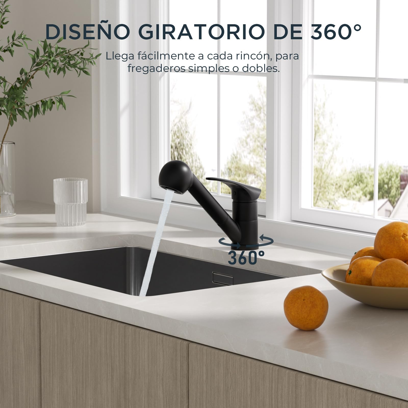 FORIOUS Grifo Cocina Negro Acero Inoxidable – Arco Alto, Giratorio 360°, Monomando Con Rociador Extraíble