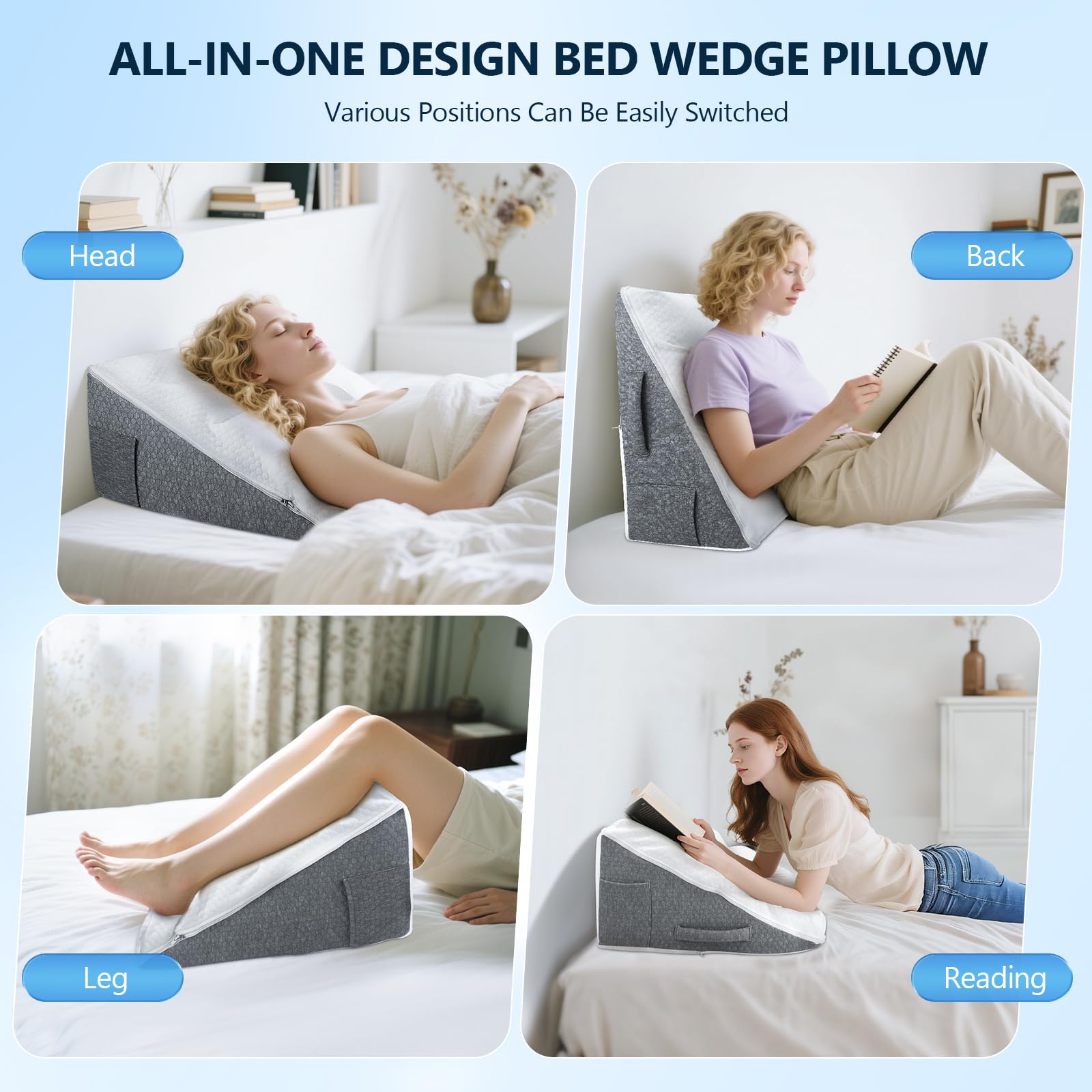 Cuscino a Cuneo per Letto, Cuscino Antireflusso, Cuscino Triangolare Memory Foam, Cuneo Ergonomico per Letto per Apnea Notturna da Reflusso, Cuscino da Lettura per la Schiena, 55 x 55 x 25 cm