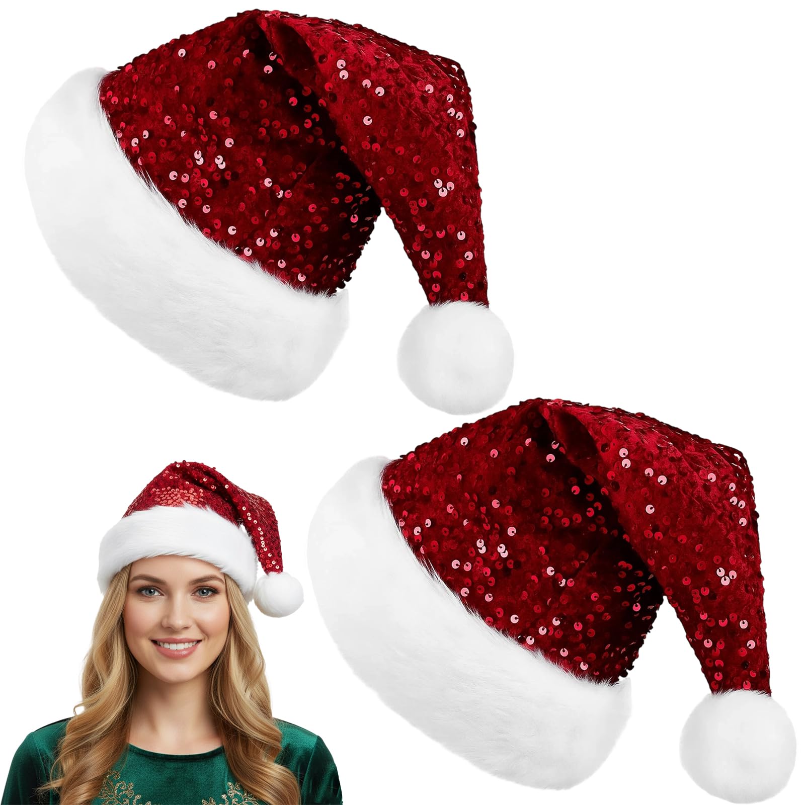 EujRcf 2 Pack Christmas Hats, Santa Hat With Glitter, Christmas Party Hats for Adults Fun Santa Hats