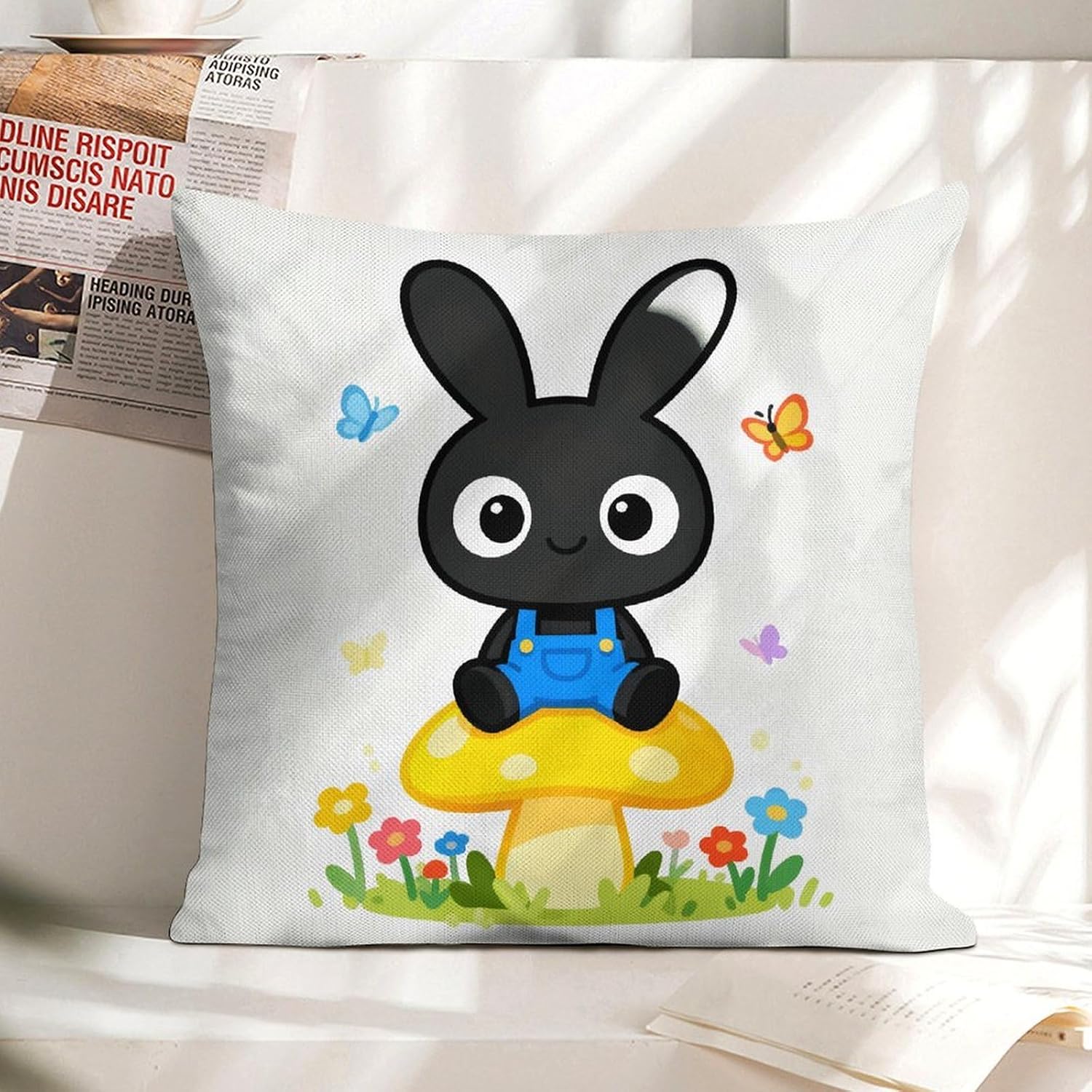 Black Rabbit Pillow Protectors Cute Waterproof Pillow Cover Soft Skin-Friendly Cushion Case Decorative Square Cushion Cover for Couch Sofa Bed Living Room Bedroom