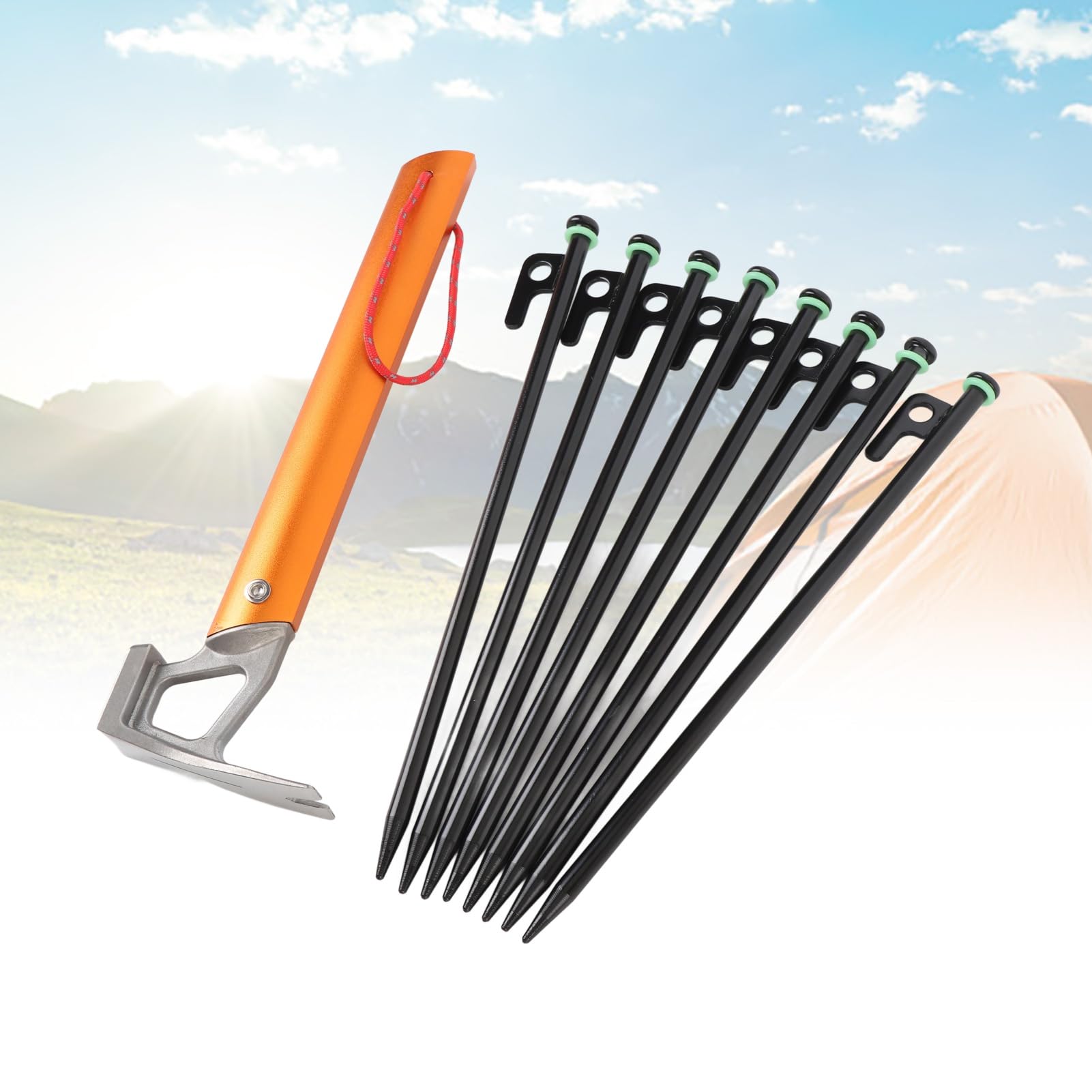 Piquets de Tente Piquets de Camping avec Cordes et Marteau Anneau Lumineux en Acier Inoxydable en Alliage d'Aluminium de Qualité Supérieure pour Camping en Plein Air Randonnée Sac (Noir et Orange)