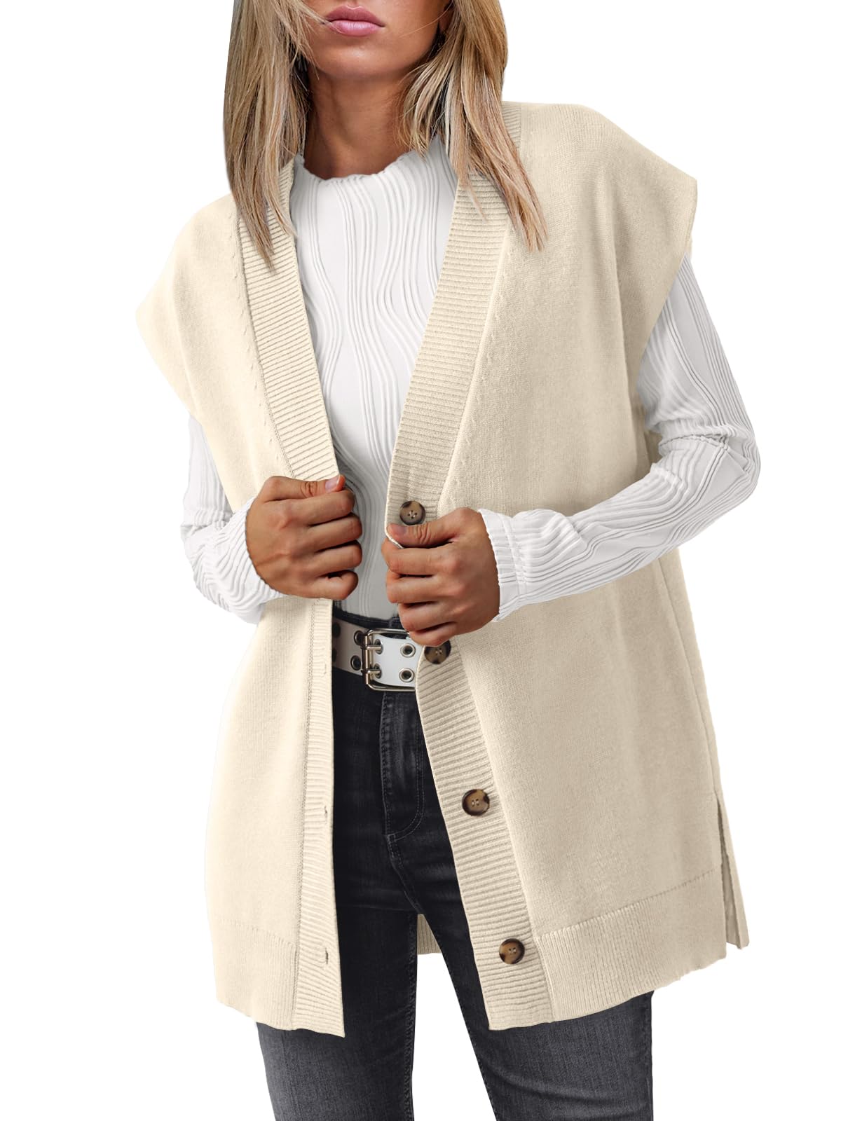 LILLUSORYWomen V Neck Sweater Vest Oversized Long Cardigan Casual Vest Tops  2025 TrendyOEKO-TEX STANDARD 100
