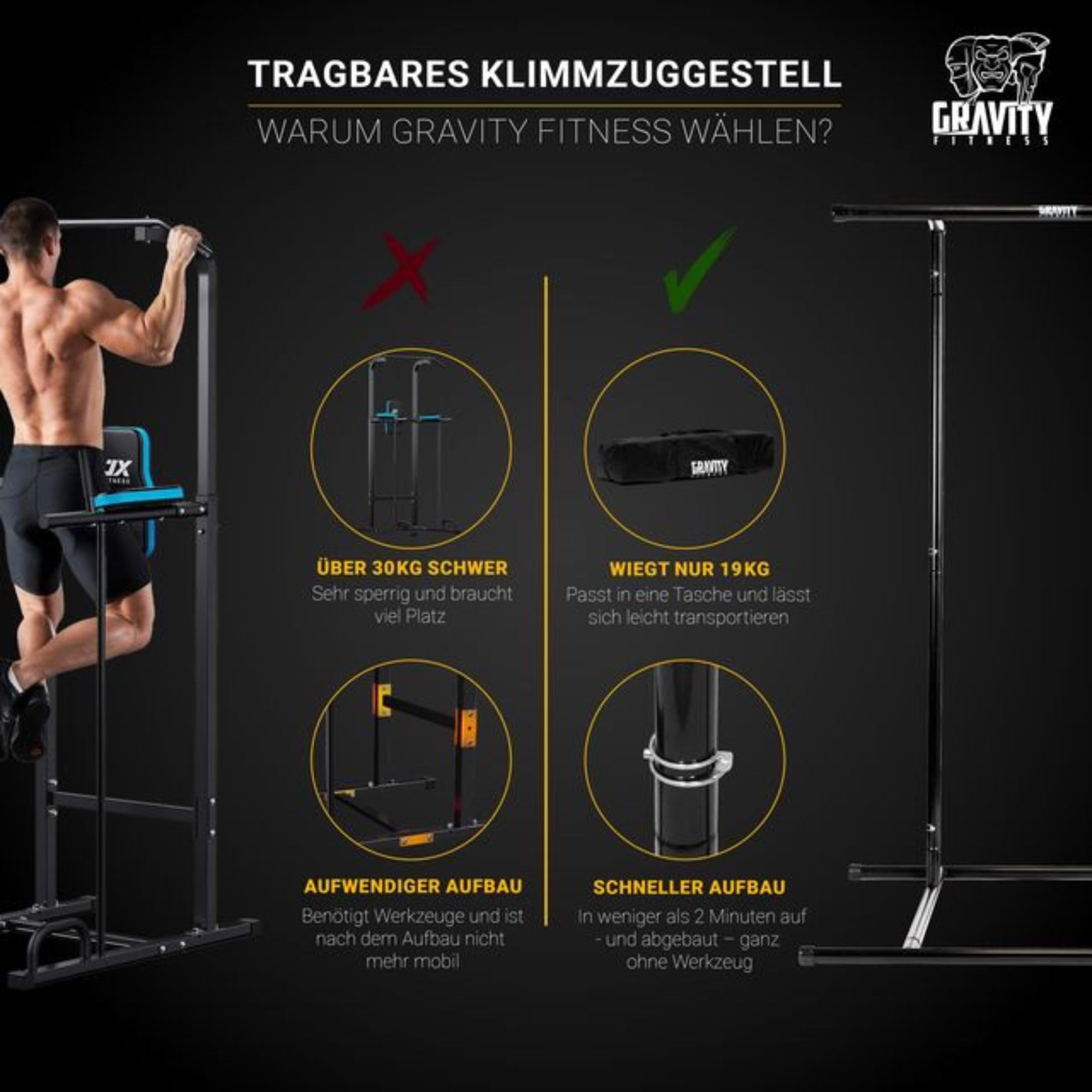 Gravity Fitness Klimmzugstange - Tragbares Klimmzuggestell Home Gym Equipment Calisthenics & Körpergewichtstraining - Verstellbares Klimmzuggestell & Dip-Station