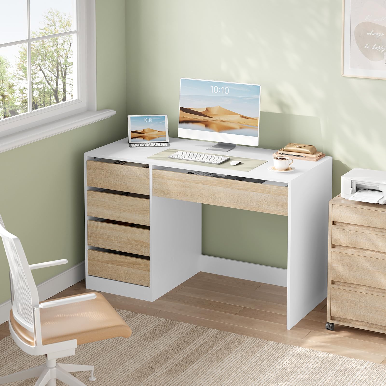 eSituro Escritorio con 5 Cajones, MDF, 120x55x75 cm, Blanco-Beige | Resistente al Agua, Cajones de Apertura Suave, para Dormitorio y Estudio