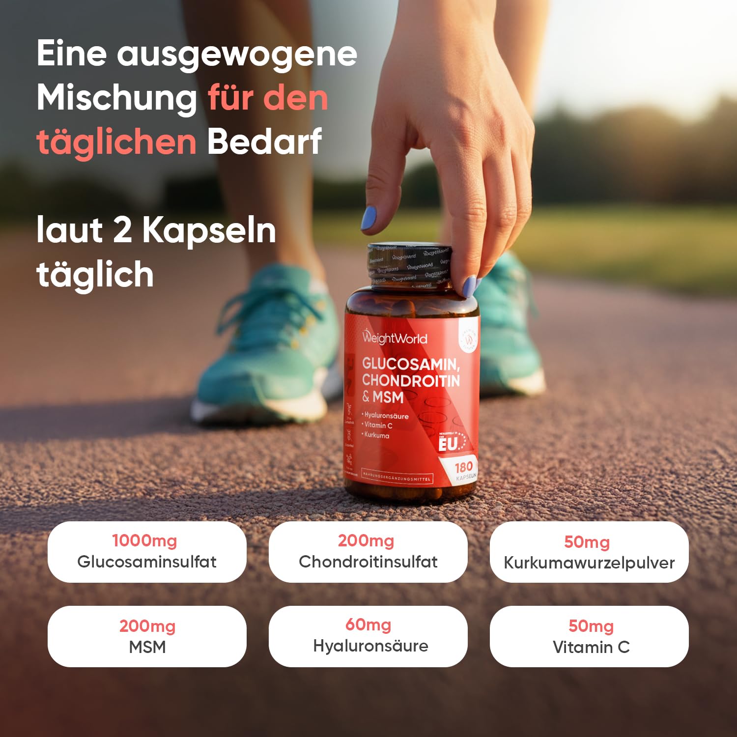 WeightWorld Glucosamin Chondroitin & MSM - 180 Stück - Täglich 1-2 Kapseln | Mit Vitamin C, Hyaluron & Bio Kurkuma, Hergestellt in der EU, Glutenfrei & Frei von Magnesiumstearat