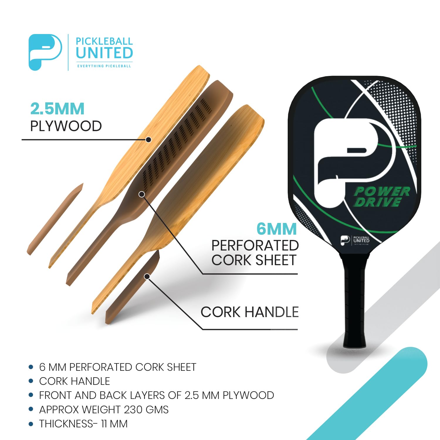 Pickleball United Powerdrive Pickleball Paddle Racquet, Firm Grip Lightweight Racket with Perforated Cork Sheet Surface| Indoor/Outdoor Play Compatible Side Edge Protection Ideal for Women and Men 1