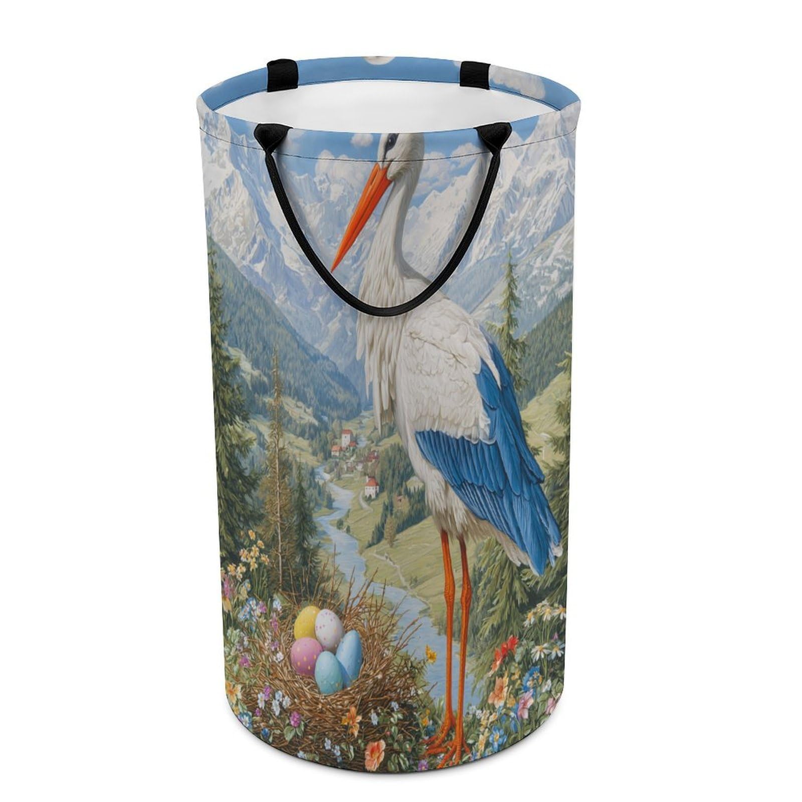 LUYYSKY Beautiful Elegant Bird Crane Versatile Storage Laundry Basket, Retro Realistic Spring Landscape Colorful Eggs Animal Crane Large Capacity Bathroom Hamper With Handle
