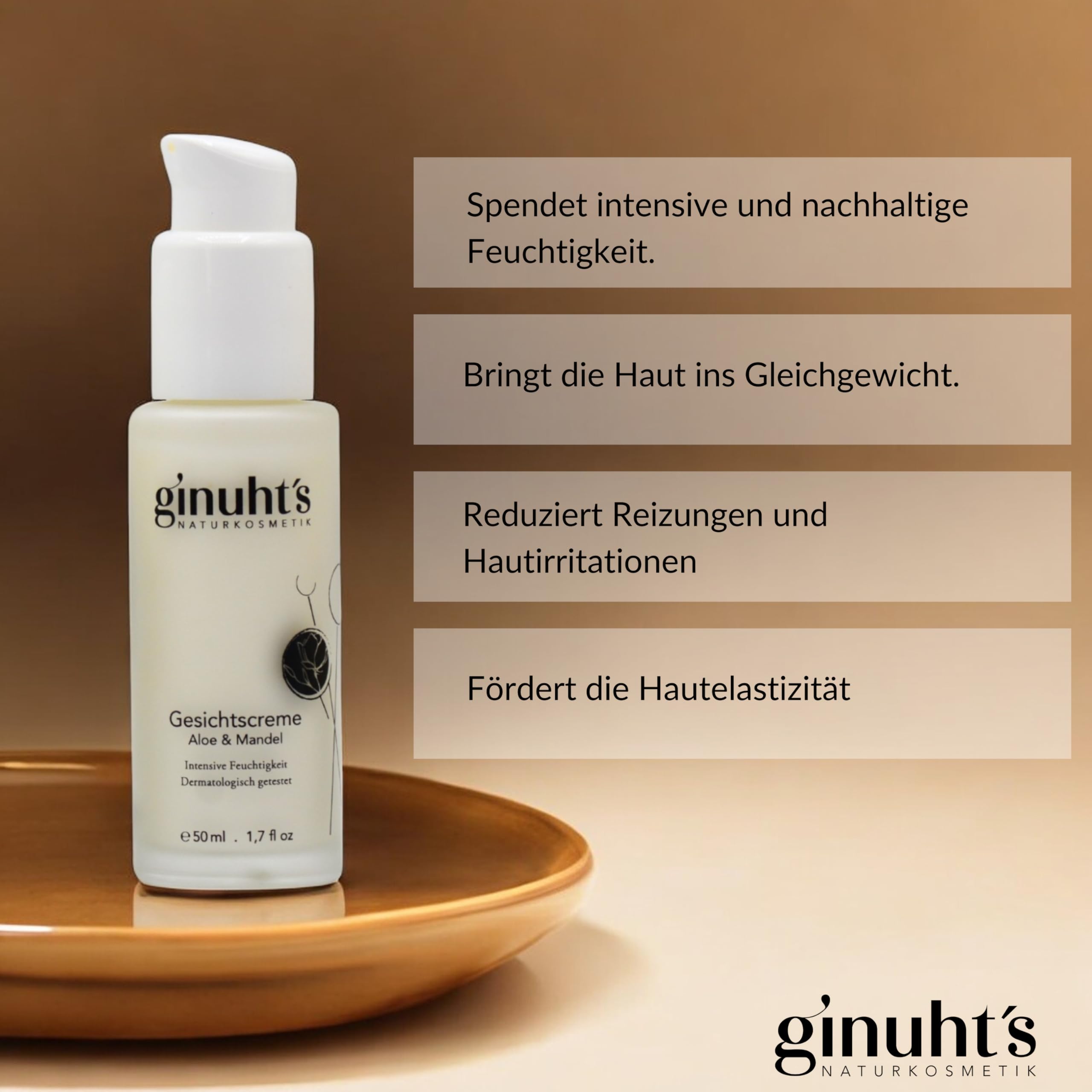 ginuht's Natural Cosmetics Face Cream 100% Organic for Intense Moisture Quick Absorbing Moisturising Cream for the Face Anti-Inflammatory Day Cream with Aloe Vera and Almond Oil (50 ml) - Image 2
