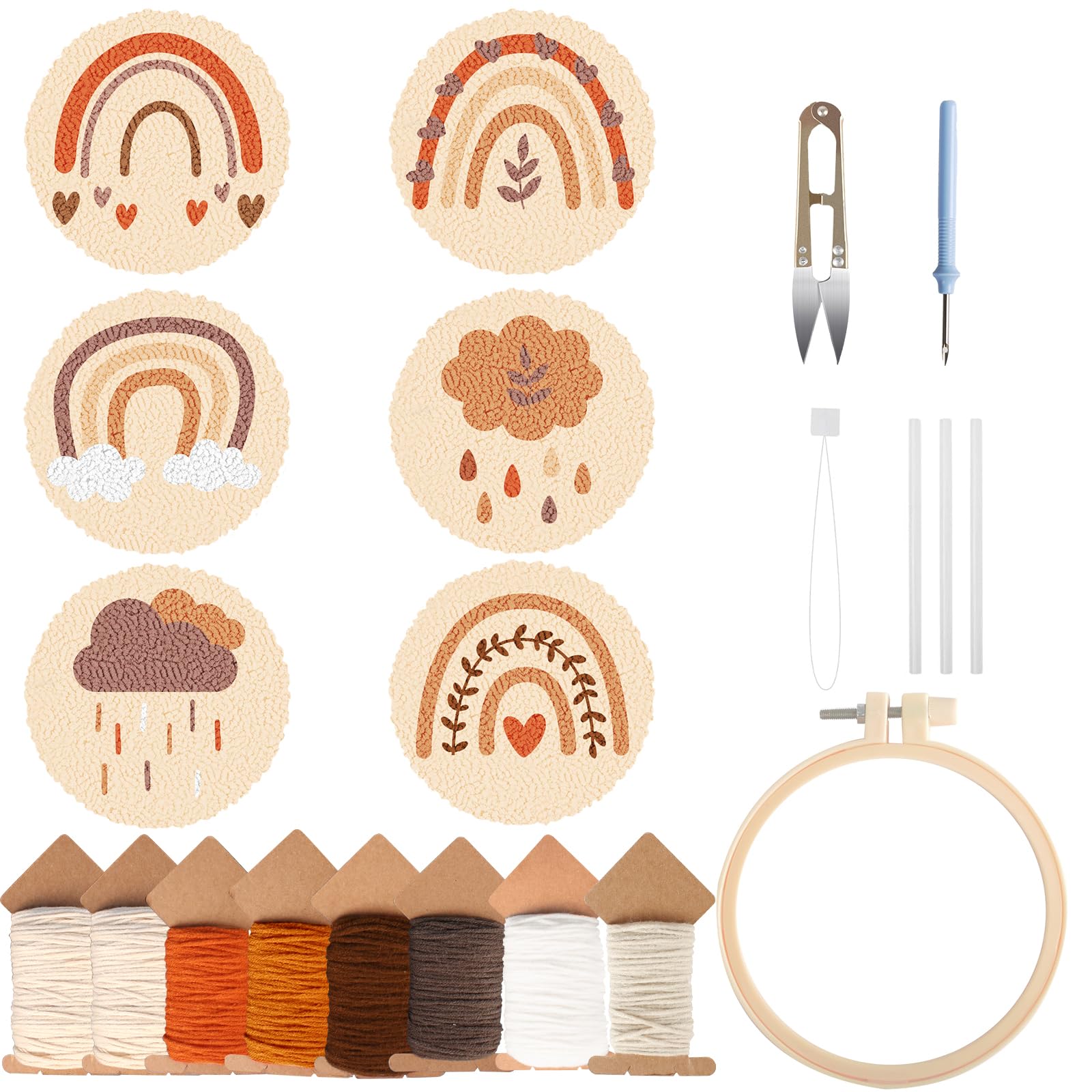 Punch Needle Coasters Kit for Beginners and Adults, DIY Rug Drink Car Coasters with Adhesive Felt Yarns Hoop Tools, Embroidery Kit (A2-Boho) (Rainbow)