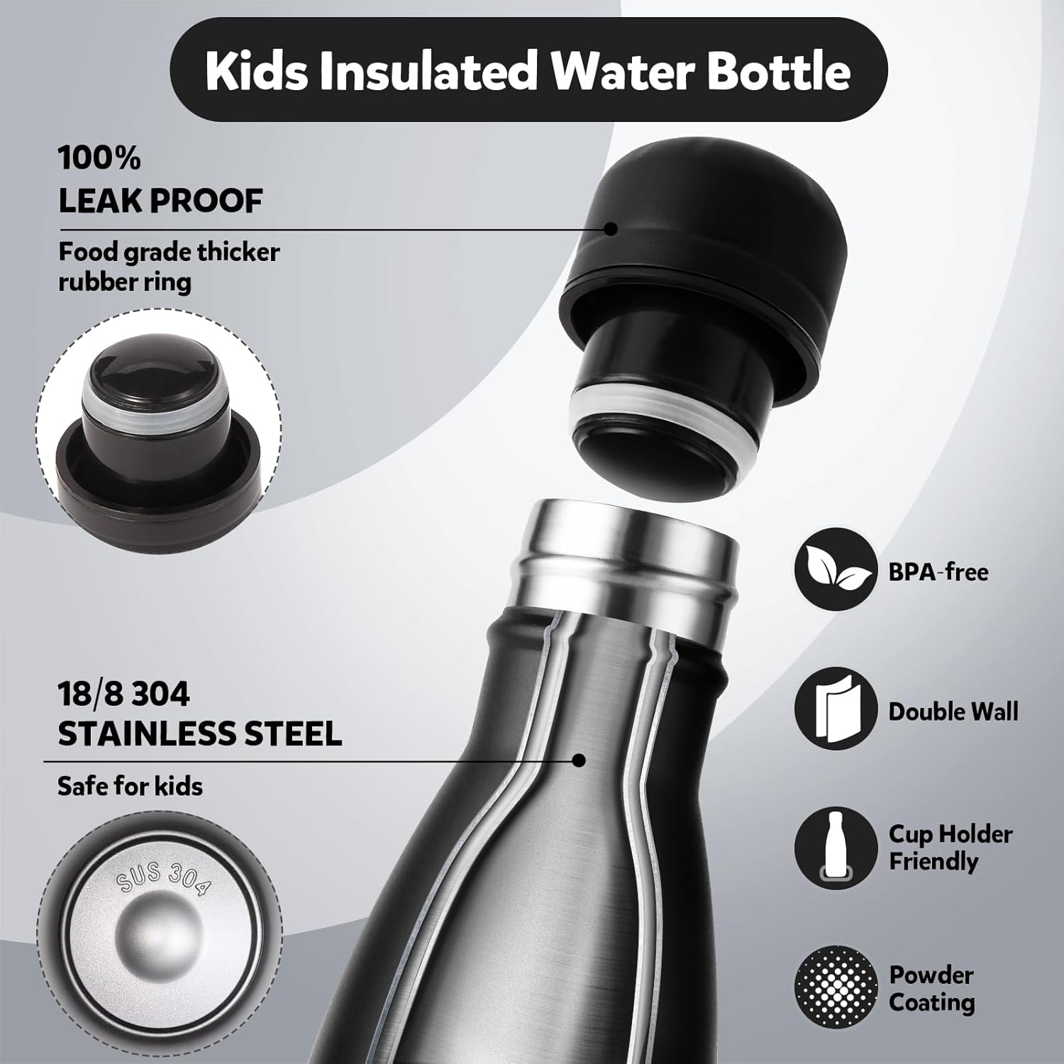 Volhoply 12oz Small Water Bottle Stainless Steel, BPA Free Insulated Water Bottles, Double Wall Cola Shape Flask, Keeps Cold 24 Hours and Hot 12 Hours for Kids Handbag (Black,1) - Image 4