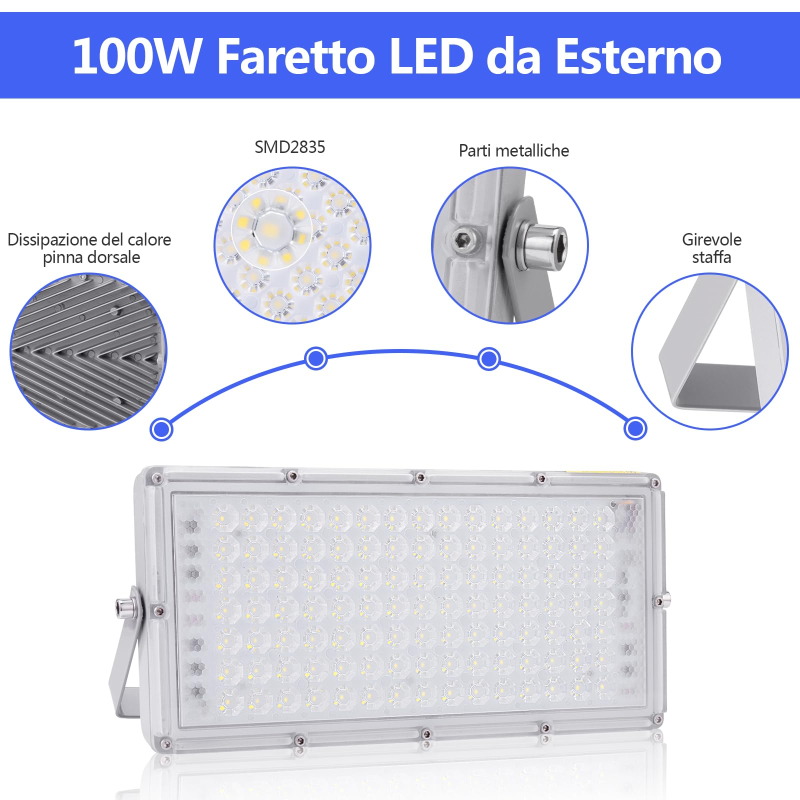 Faretto LED da Esterno 100W 10000LM Proiettore per esterni, Luce Bianca 6500K Faro LED Impermeabile IP65 Luci di Sicurezza Faretti per Terrazza Giardino Magazzino Garage Corridoio,2 Pezzi
