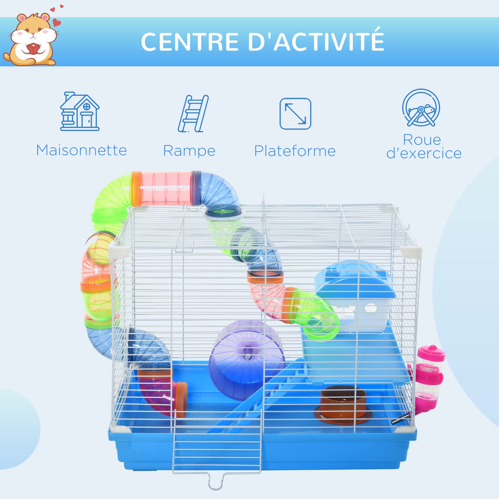 PawHut Cage pour Rongeur Hamster 2 Niveaux avec Tunnel, Bouteille d'eau, Roues, Maison, échelle dim. 46L x 30l x 37H cm - 4