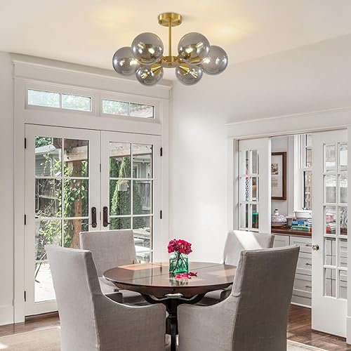 Miniatura 9 de KCO Lighting Modern - Lámpara colgante de globo de 1 luz de latón cepillado ajustable, lámpara colgante ajustable de 6 luces de mediados de siglo,