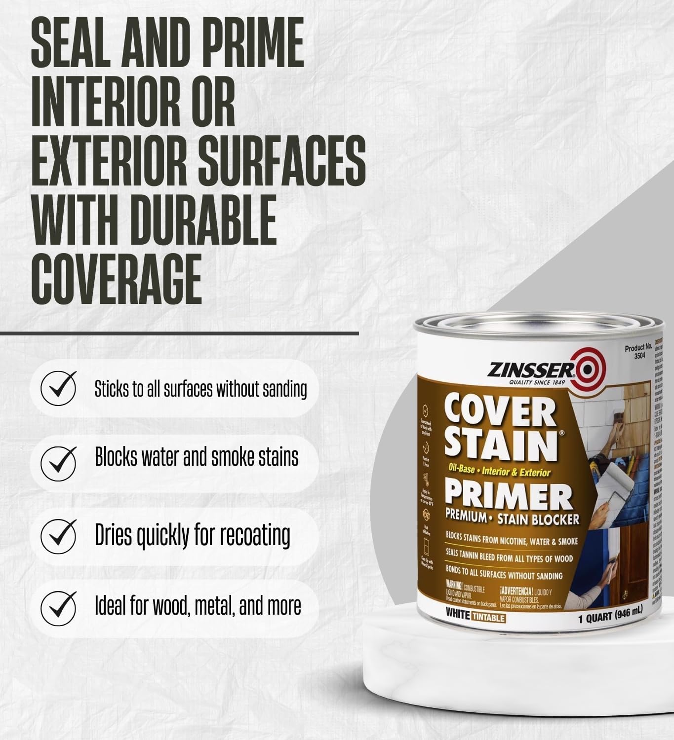2x Zinsser Cover Stain White Oil-Based Kilz Primer and Sealer 1 qt Bundle with Flat Chip Brush – Interior/Exterior Stain Blocker with Strong Adhesion on Glossy Surfaces – Gift Set (3 Items)
