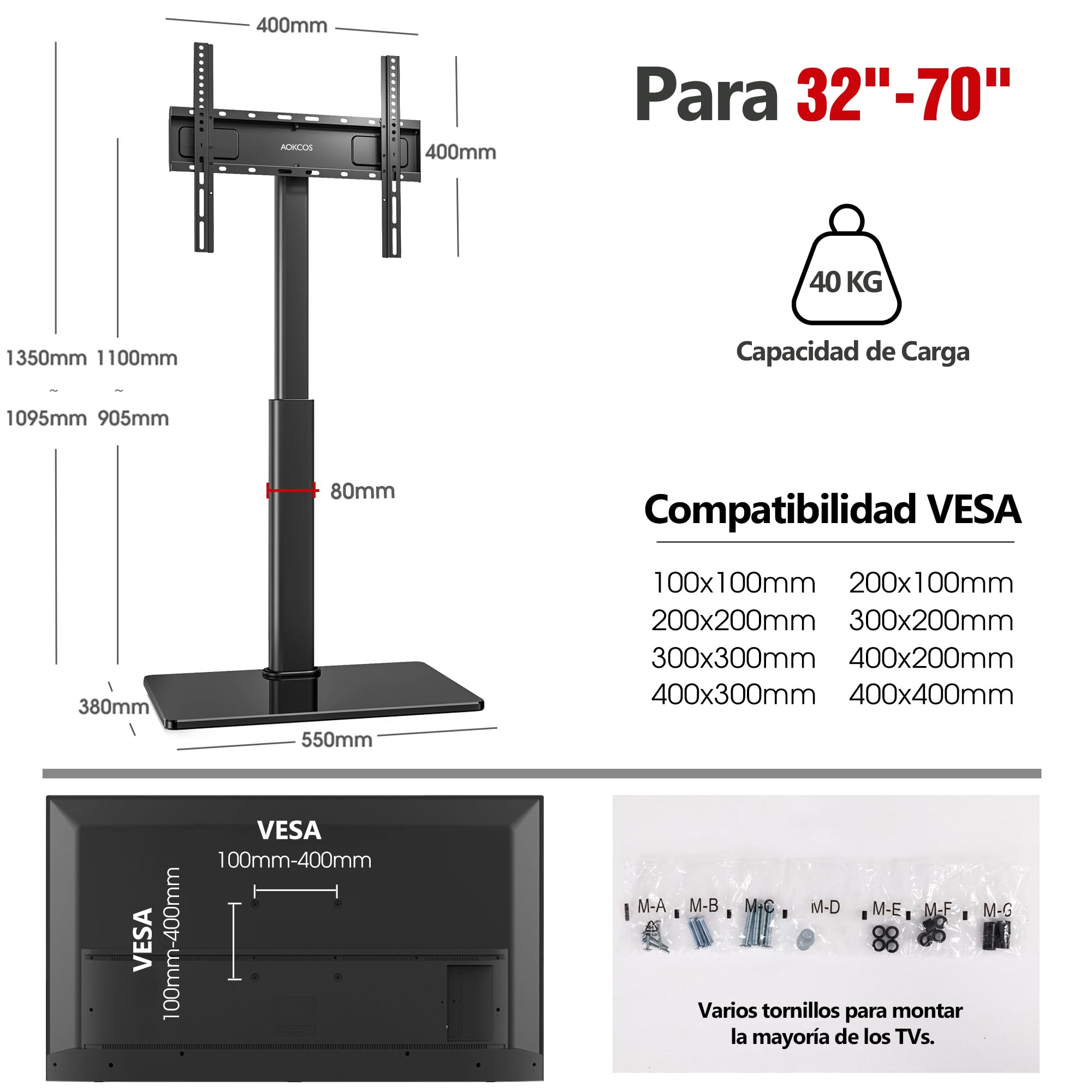 AOKCOS Soporte TV Pie Suelo para 32-55 65 70 Pulgadas, Inclinable Giratorio Altura Ajustable, Universal máx VESA 400x400mm 40kg